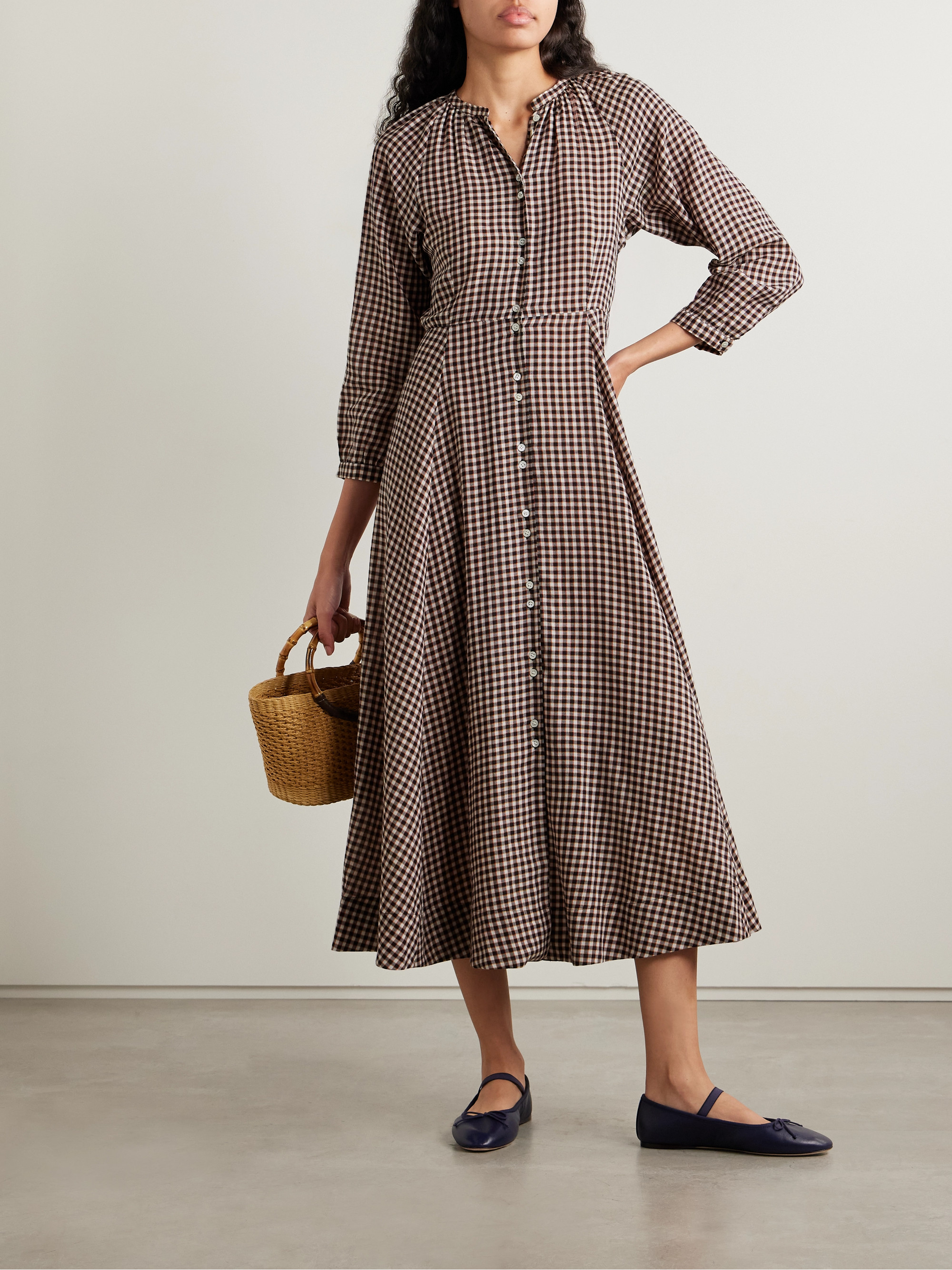 Dôen Madelaine checked organic cotton-voile midi dress