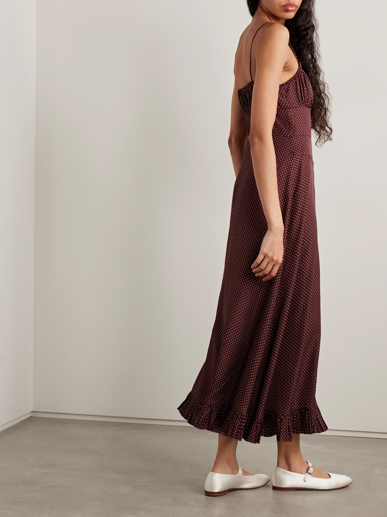 Doen Rosaria Gathered Polka-dot Silk-blend Midi Dress In Brown