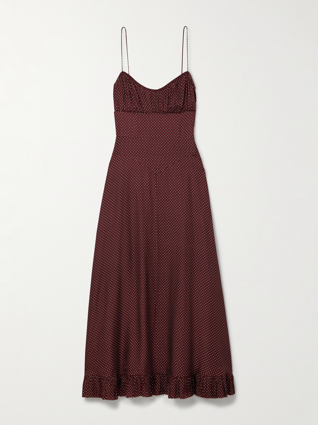 Doen Rosaria Gathered Polka-dot Silk-blend Midi Dress In Brown