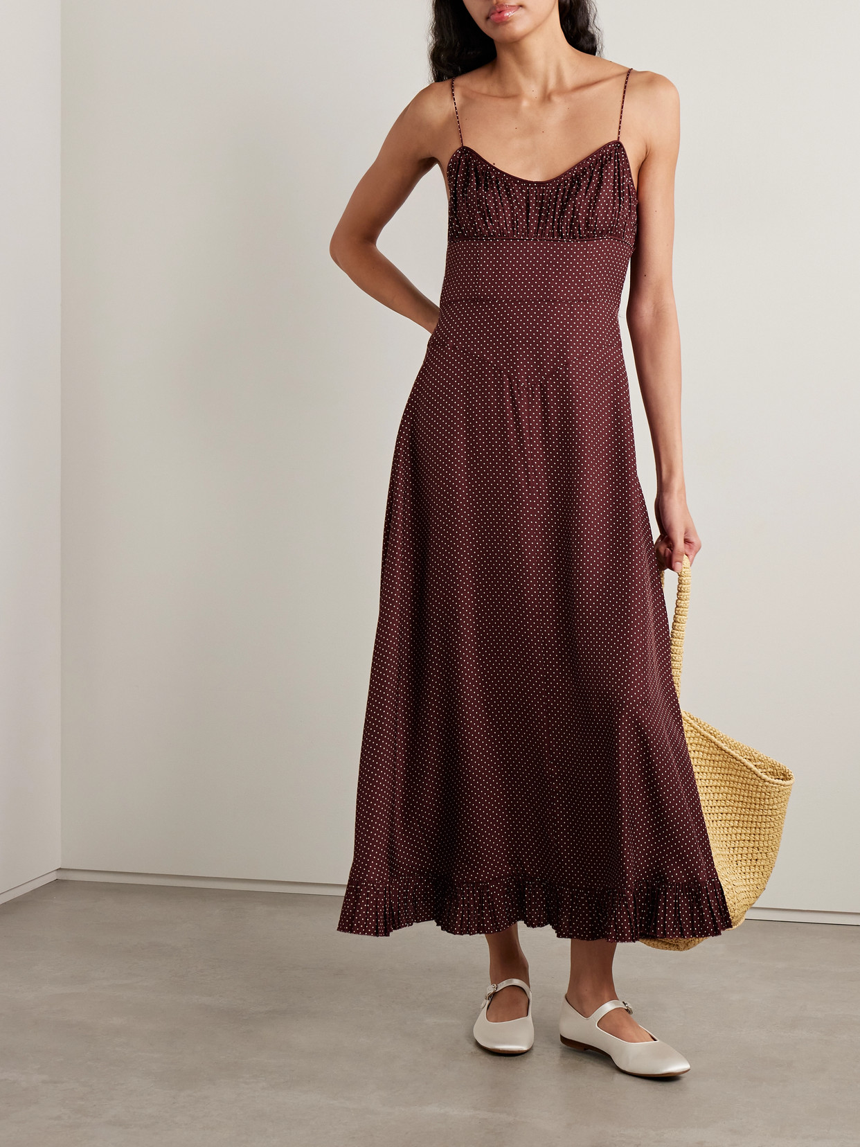 Doen Rosaria Gathered Polka-dot Silk-blend Midi Dress In Brown