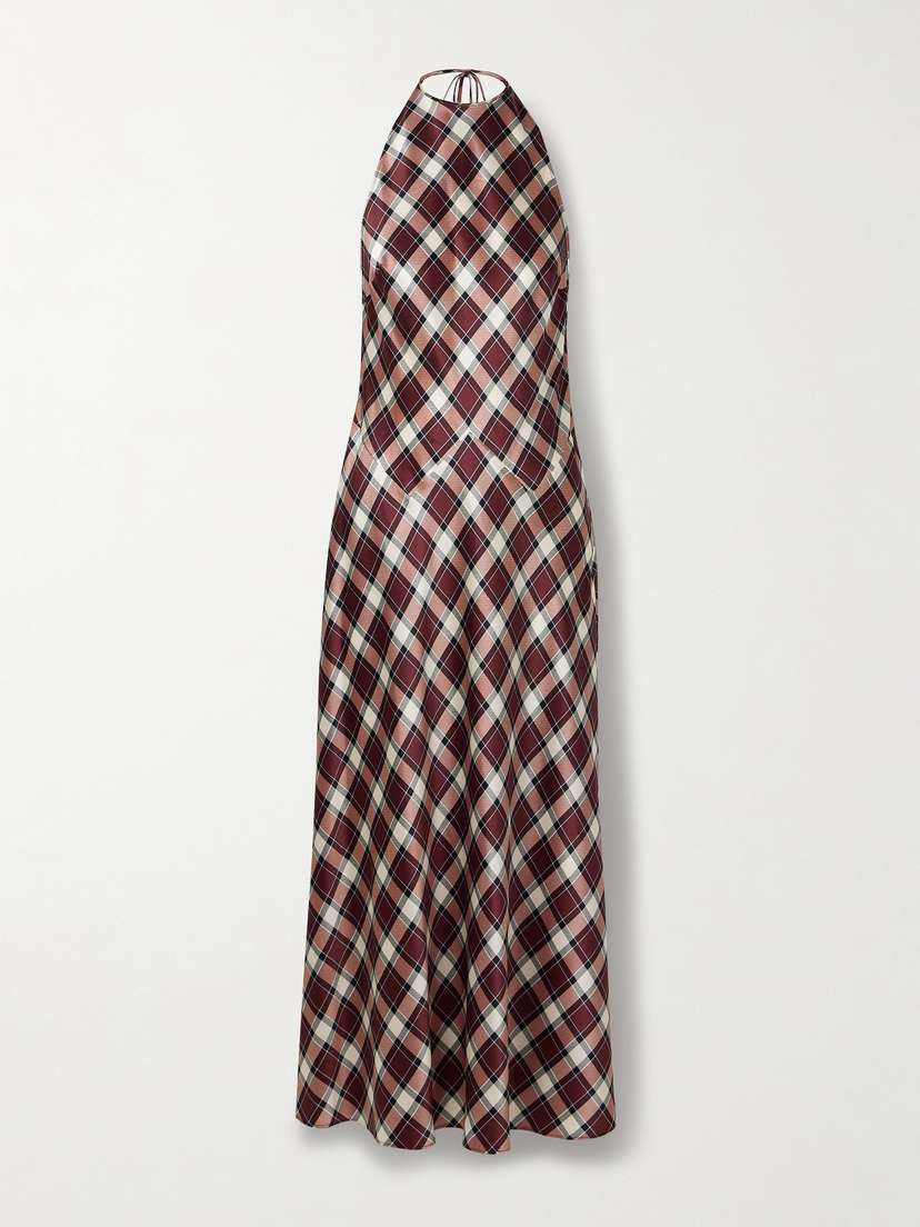 DÔEN Maxime Checked Silk-satin Halterneck Maxi Dress