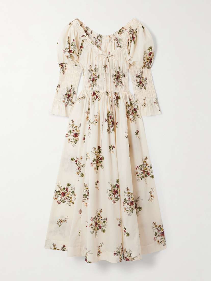 DÔEN Kaira Shirred Floral-print Organic Cotton-poplin Midi Dress