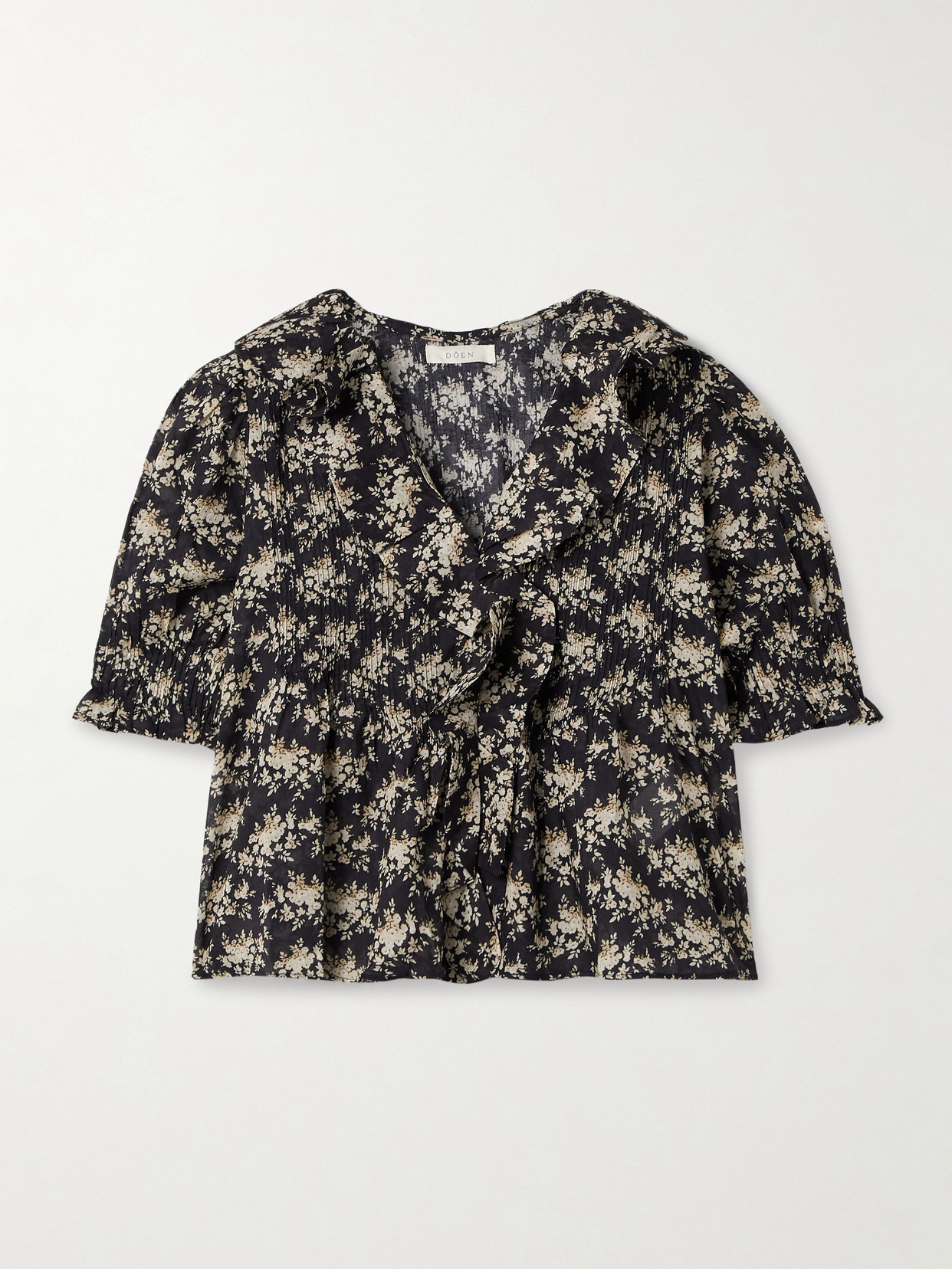 Doen Henri Ruffled Pintucked Floral-print Organic Cotton-voile Top In Black