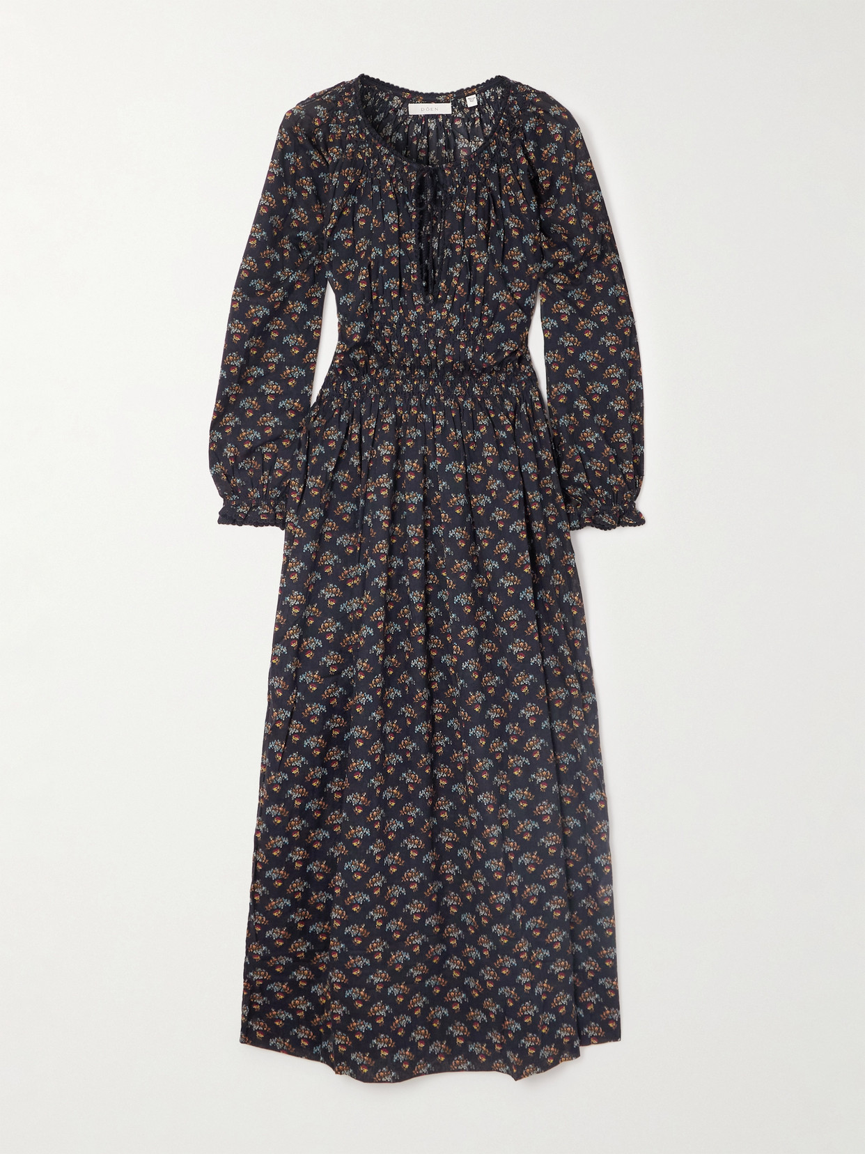 Doen Delfina Shirred Floral-print Organic Cotton-voile Midi Dress In Multi