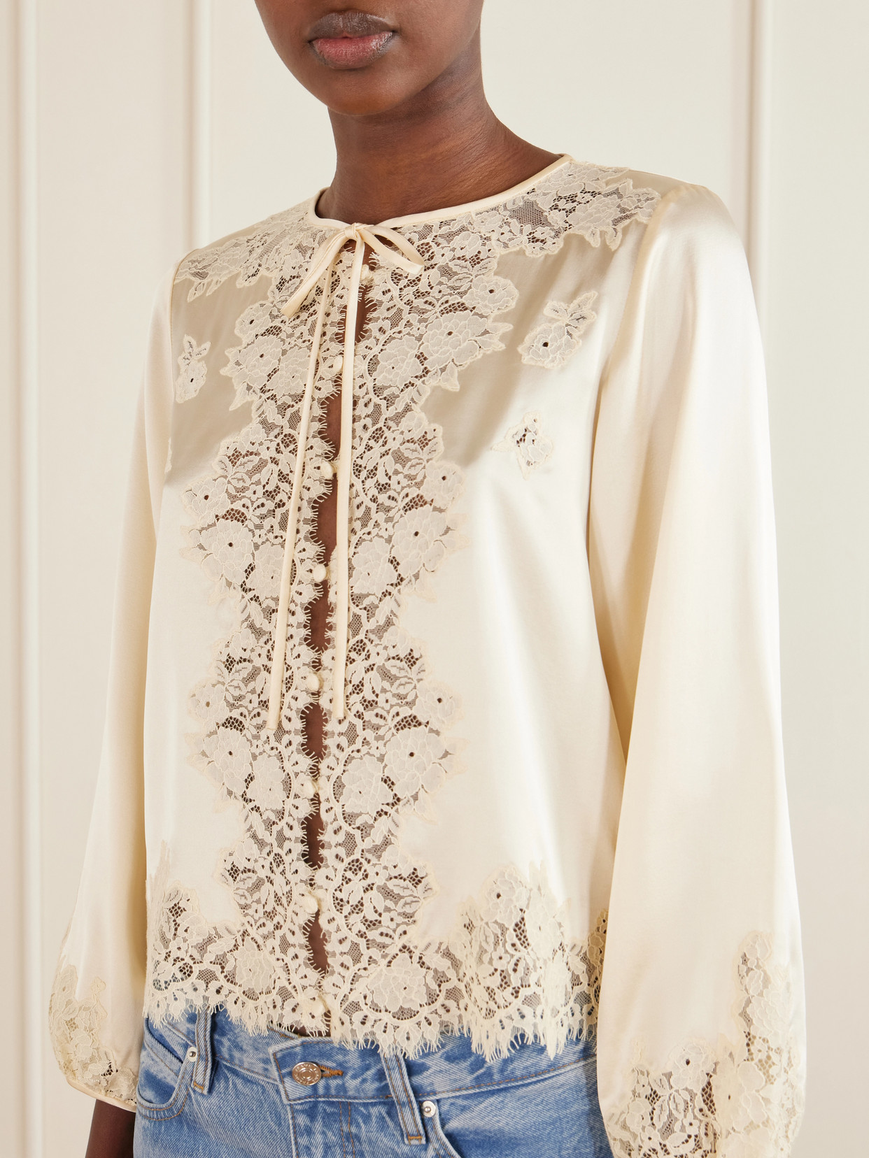 Dôen - Lucine Lace-Trimmed Silk-Satin Blouse