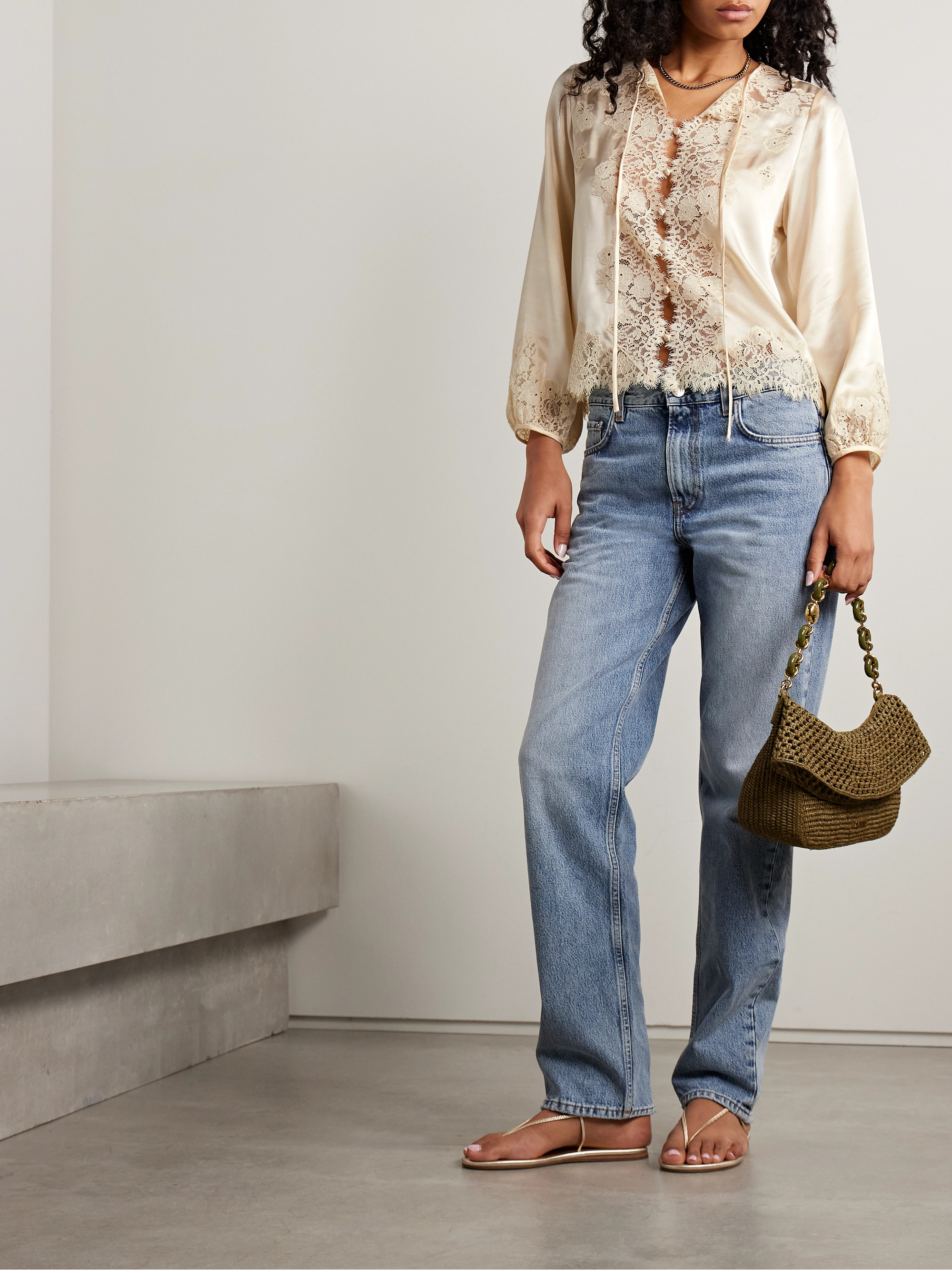 Dôen Lucine lace-trimmed silk-satin blouse