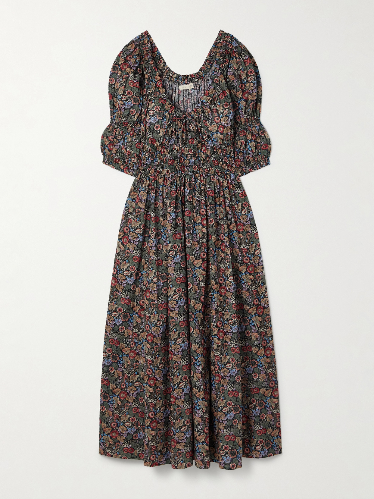 Doen Ischia Shirred Floral-print Organic Cotton-voile Midi Dress In Multi