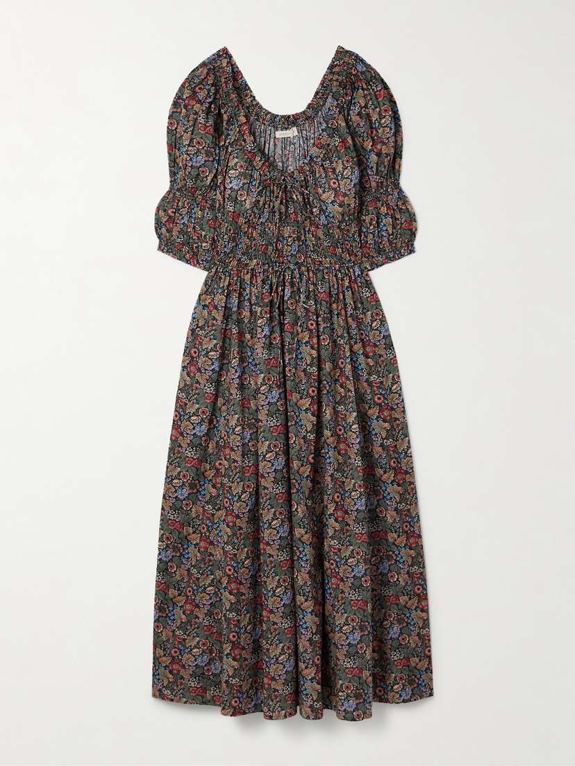 DÔEN Ischia Shirred Floral-print Organic Cotton-voile Midi Dress
