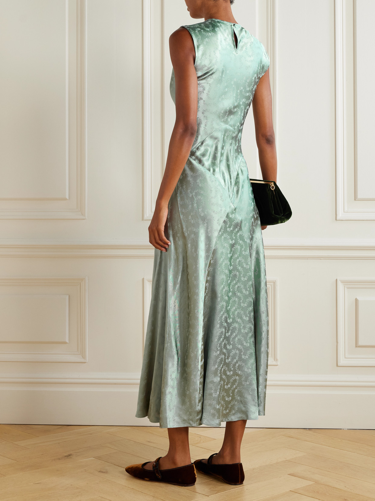 Doen Ginette Paneled Floral-jacquard Satin Midi Dress In Green