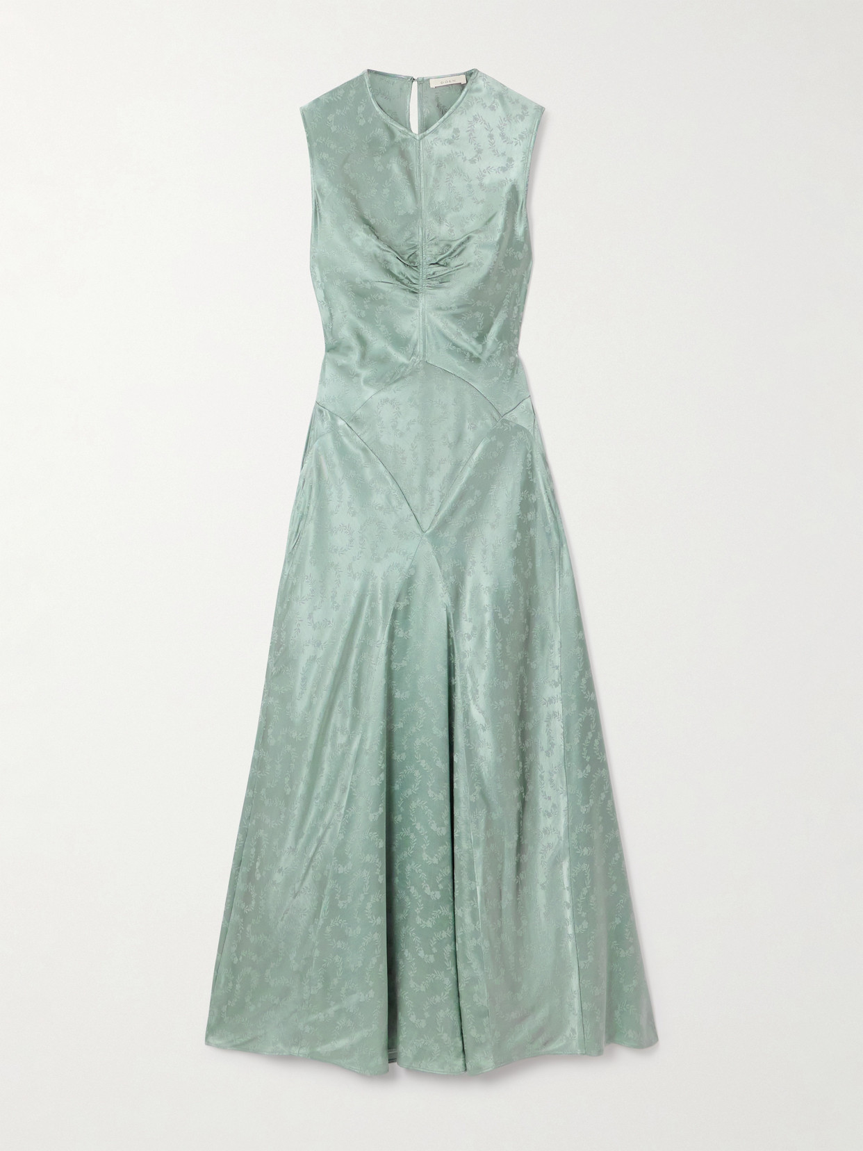 Doen Ginette Paneled Floral-jacquard Satin Midi Dress In Green