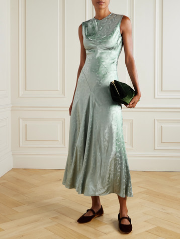 Dôen Ginette paneled floral-jacquard satin midi dress