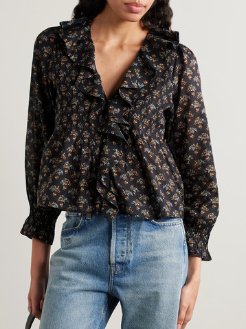 Dôen Hardy ruffled pintucked floral-print organic cotton-voile blouse