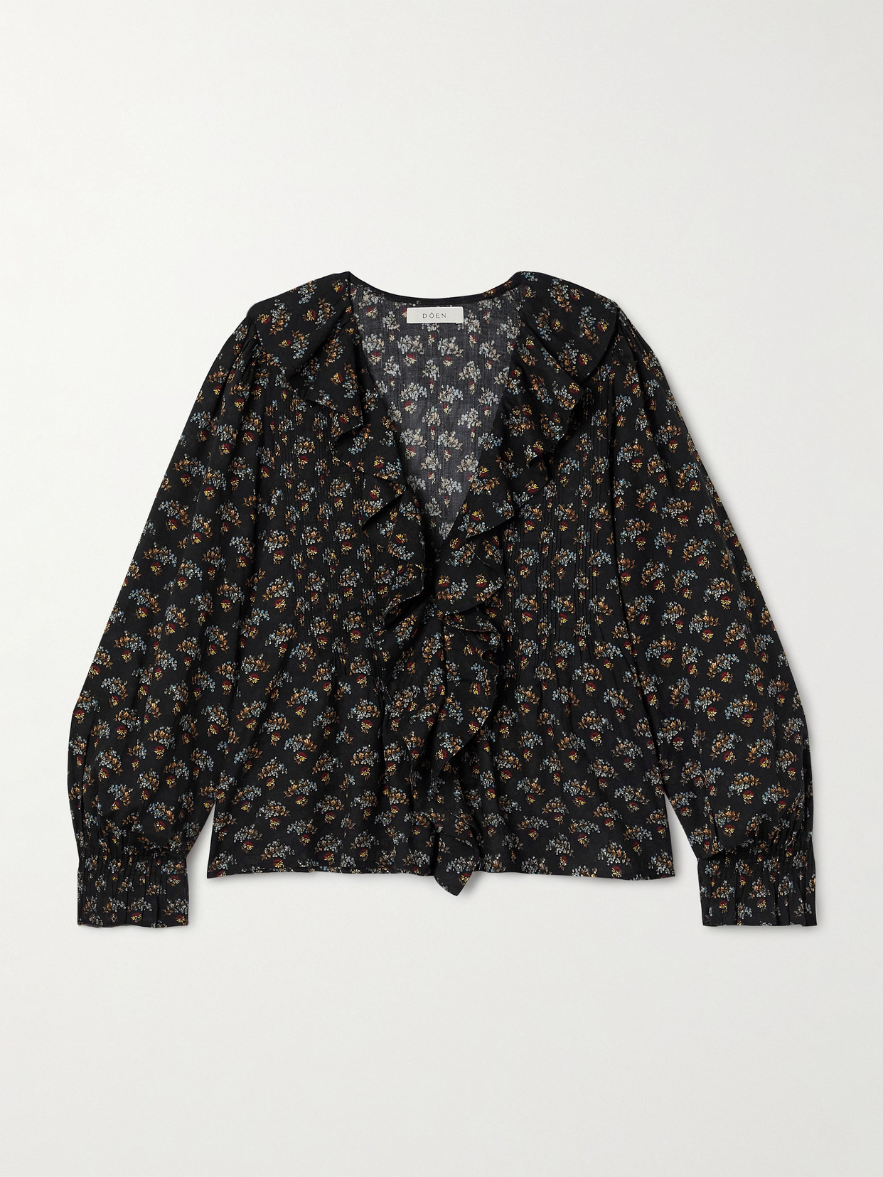 Doen Hardy Ruffled Pintucked Floral-print Organic Cotton-voile Blouse In Black