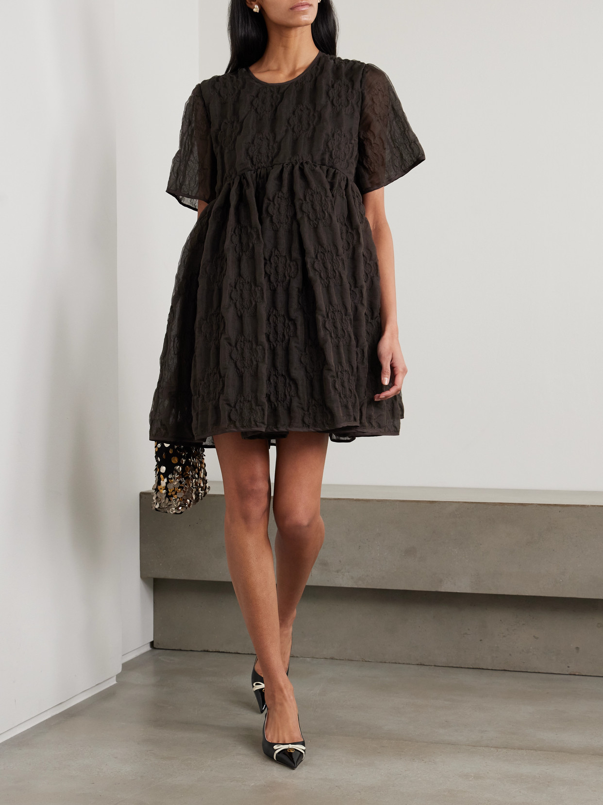 Cecilie Bahnsen Britney Tie-back Matelassé Mini Dress In Brown