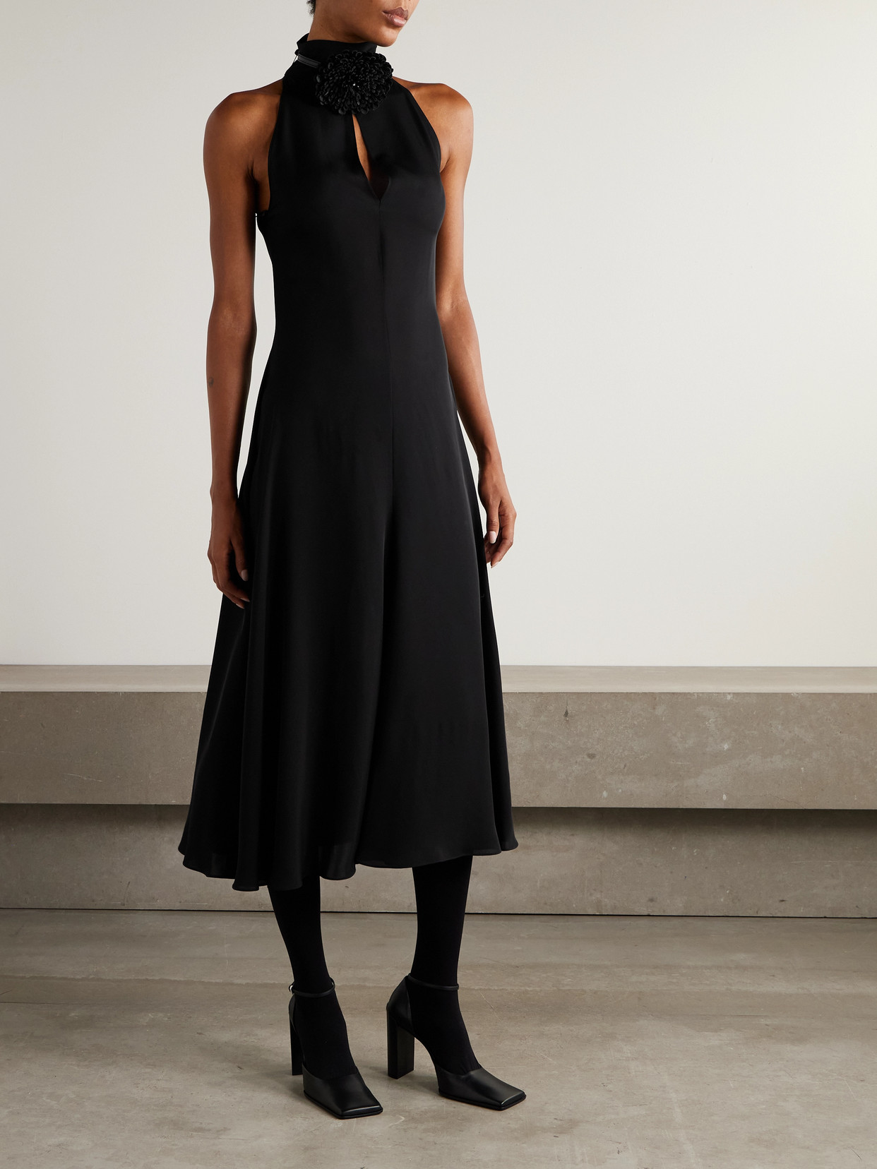 Alaïa Cut-out Embellished Leather-trimmed Crepe Midi Dress In Black