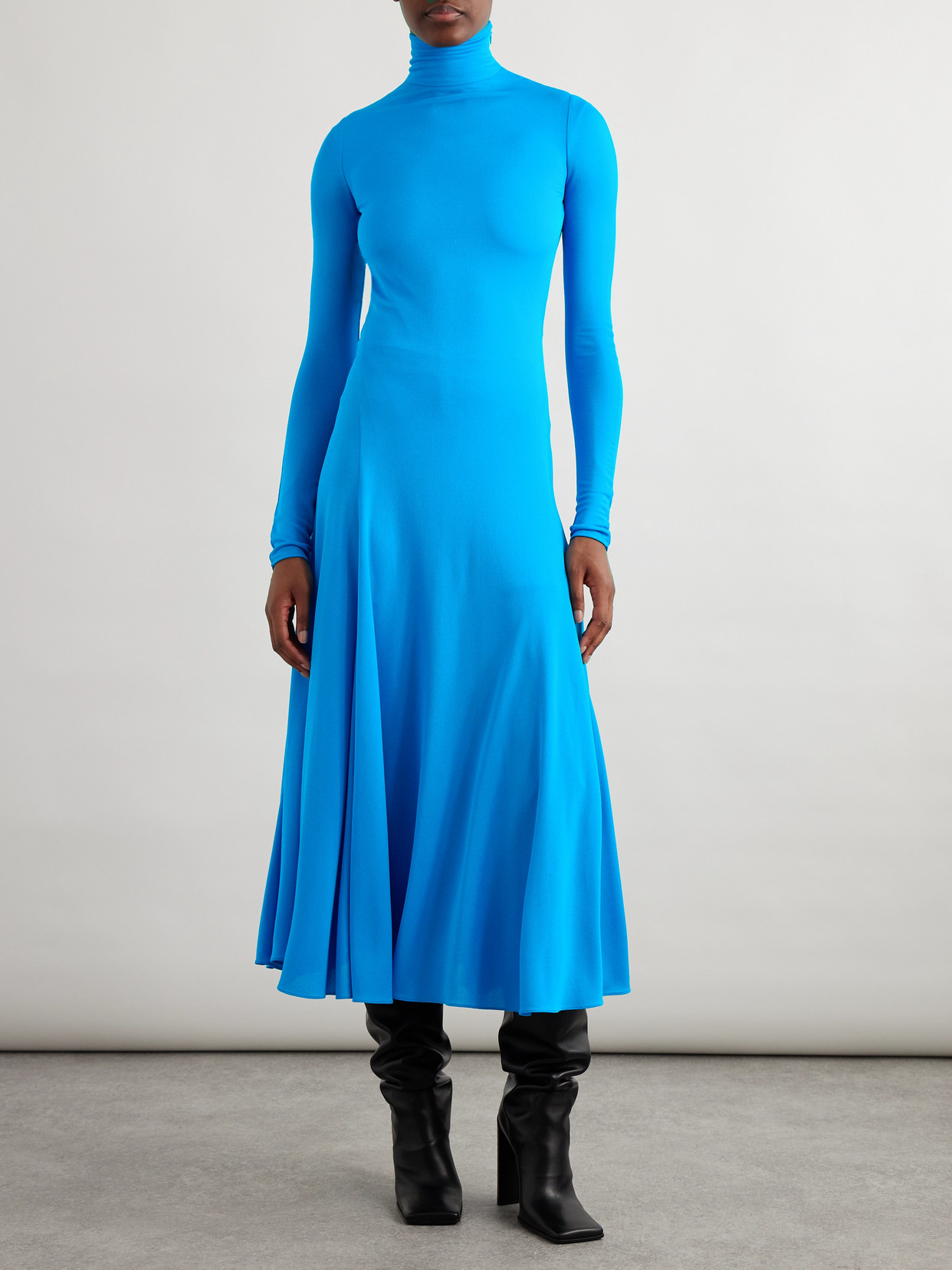 Alaïa Open-back Jersey Turtleneck Midi Dress In Blue