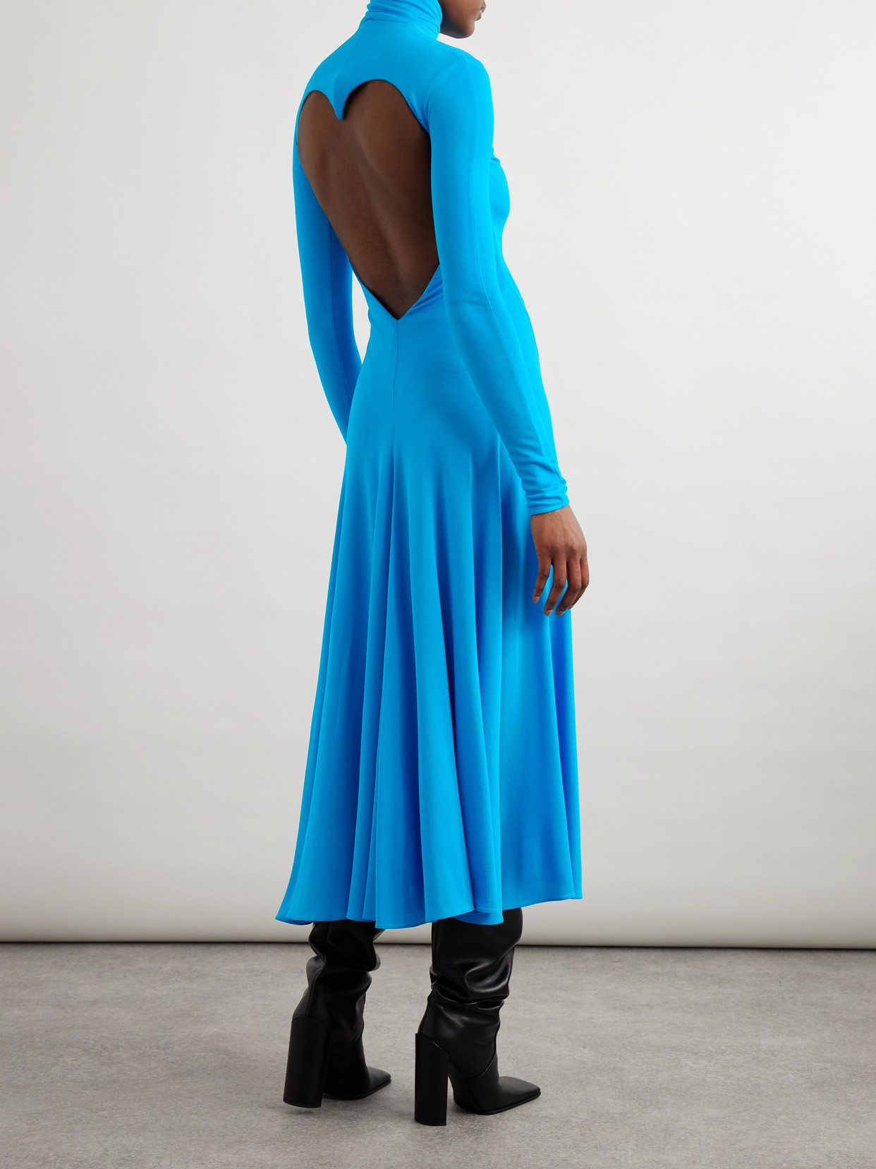 Alaïa Open-back Jersey Turtleneck Midi Dress In Blue