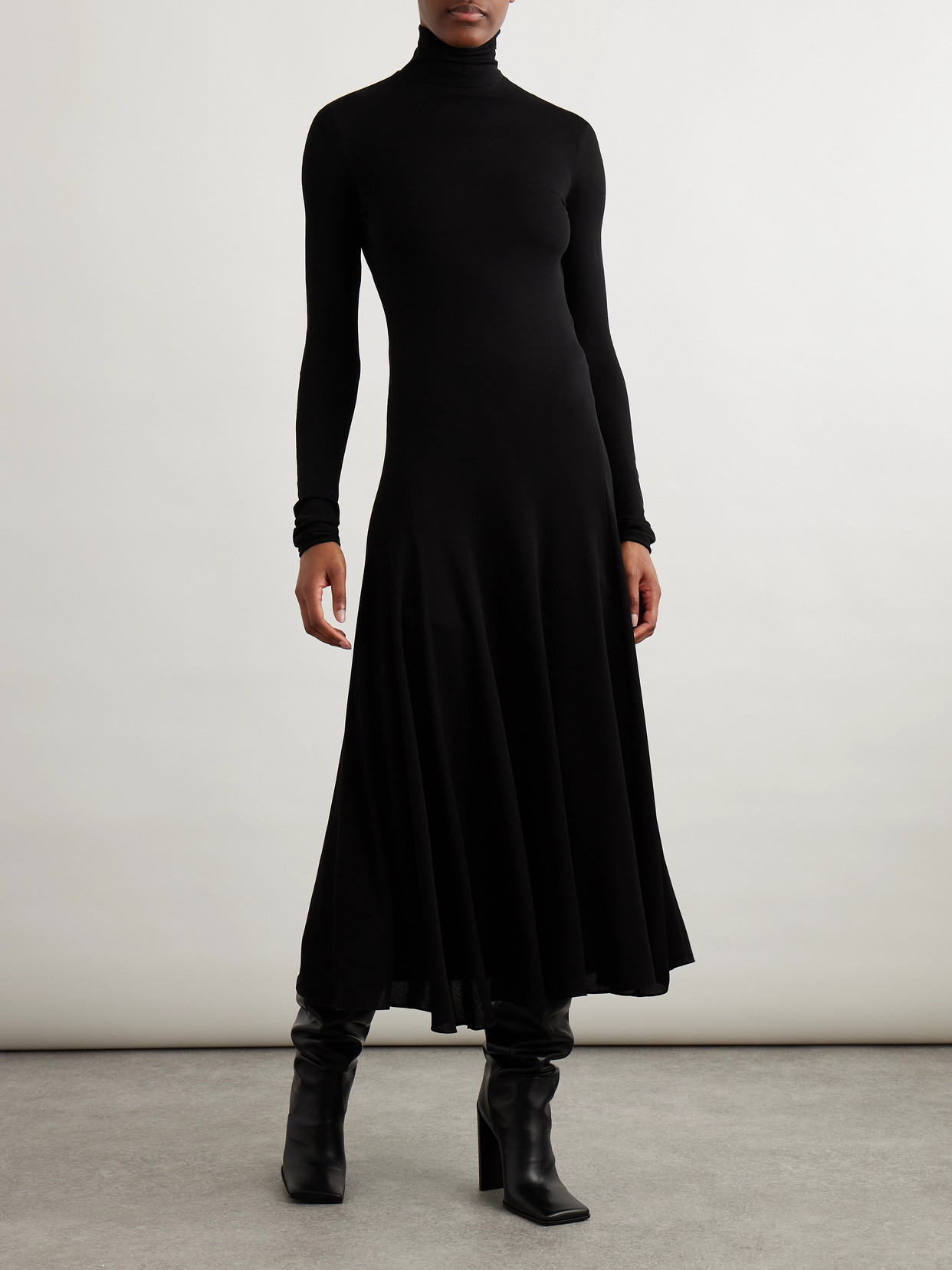 Alaïa Open-back Jersey Turtleneck Midi Dress In Black