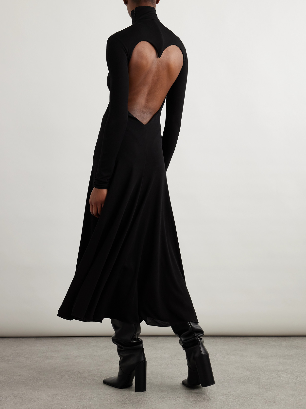 Alaïa Open-back Jersey Turtleneck Midi Dress In Black