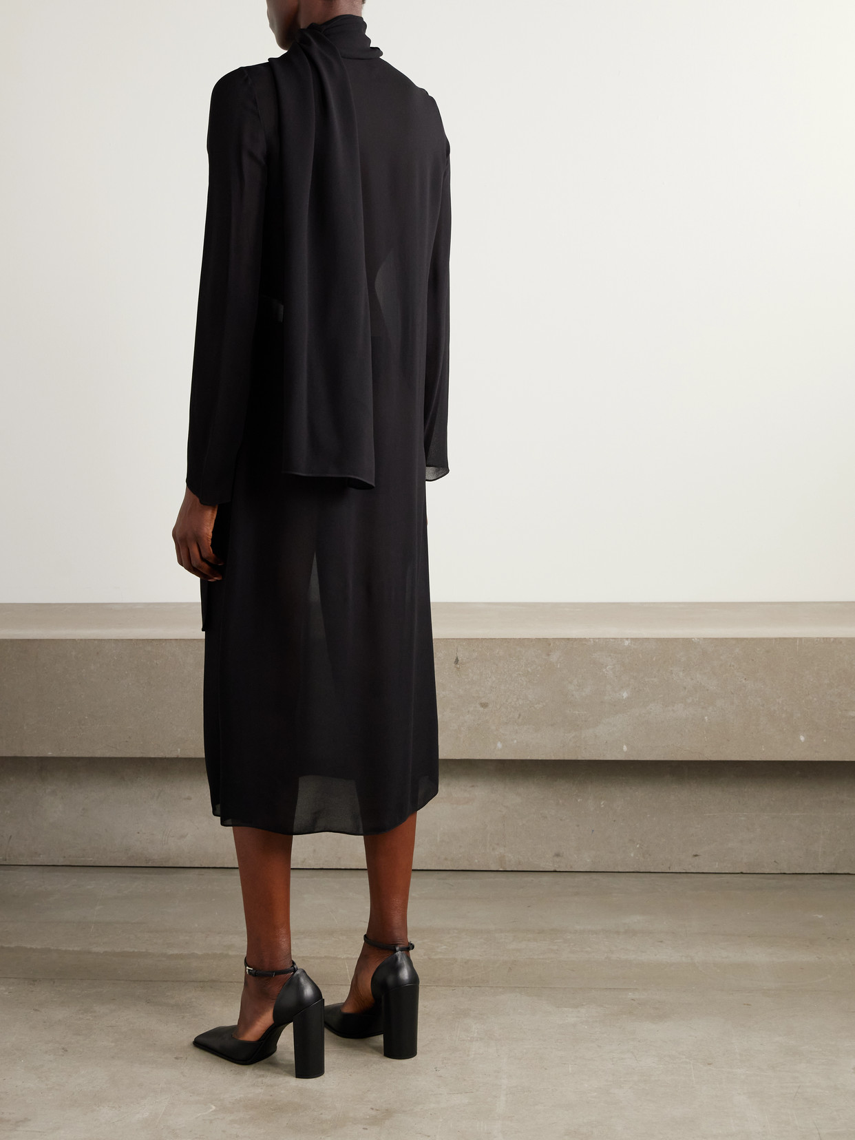Alaïa Cutout Tie-neck Mesh Midi Dress In Black