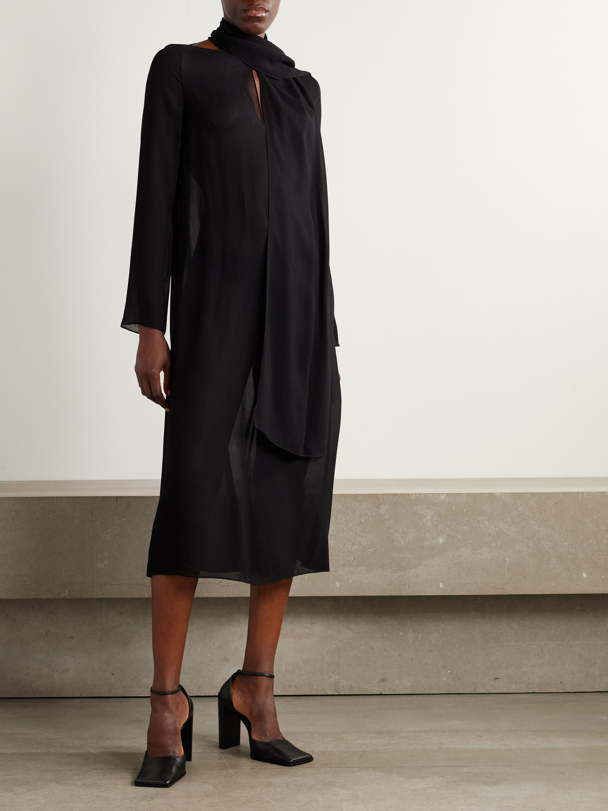 Alaïa Cutout Tie-neck Mesh Midi Dress In Black