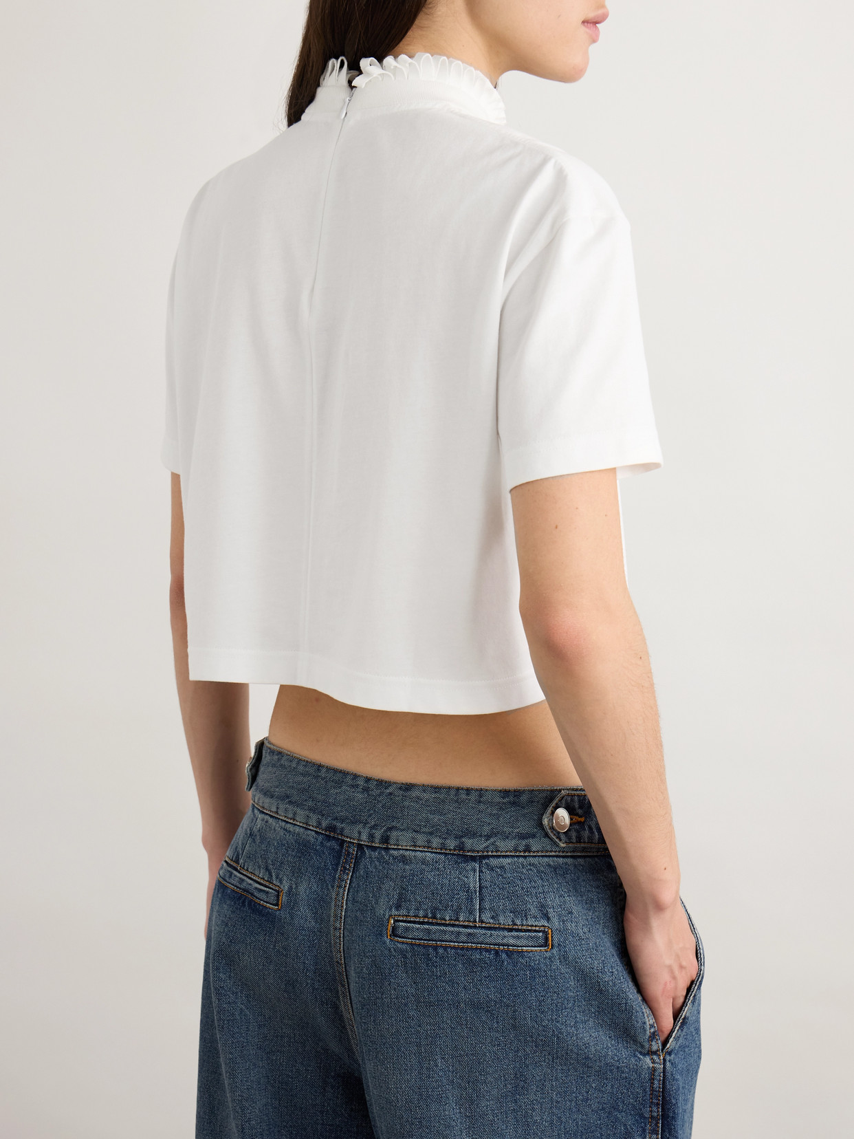 Alaïa Cropped Ruffled Cotton-jersey Turtleneck T-shirt In White