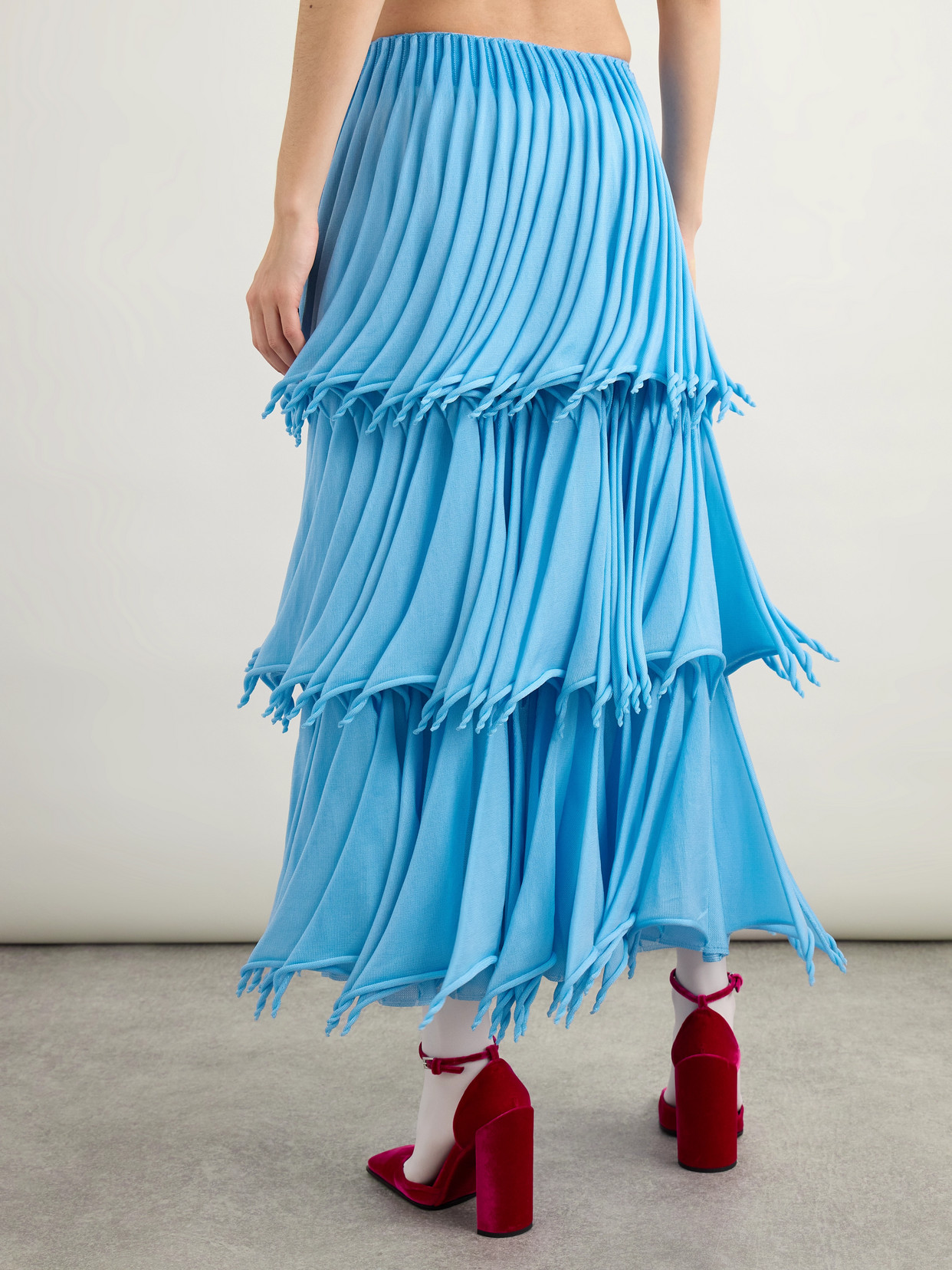 Alaïa Tiered Pleated Knitted Midi Skirt In Blue