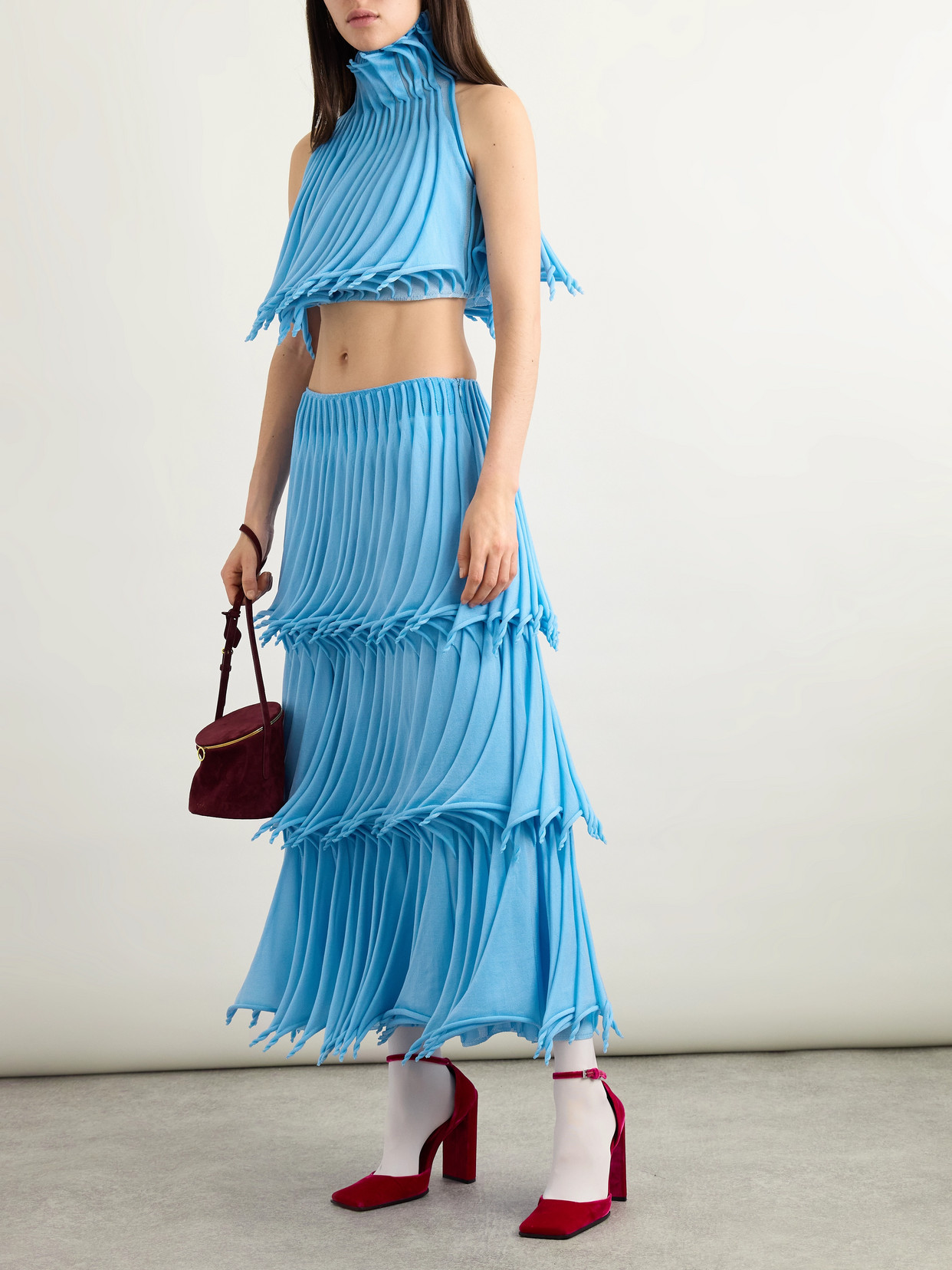 Alaïa Tiered Pleated Knitted Midi Skirt In Blue