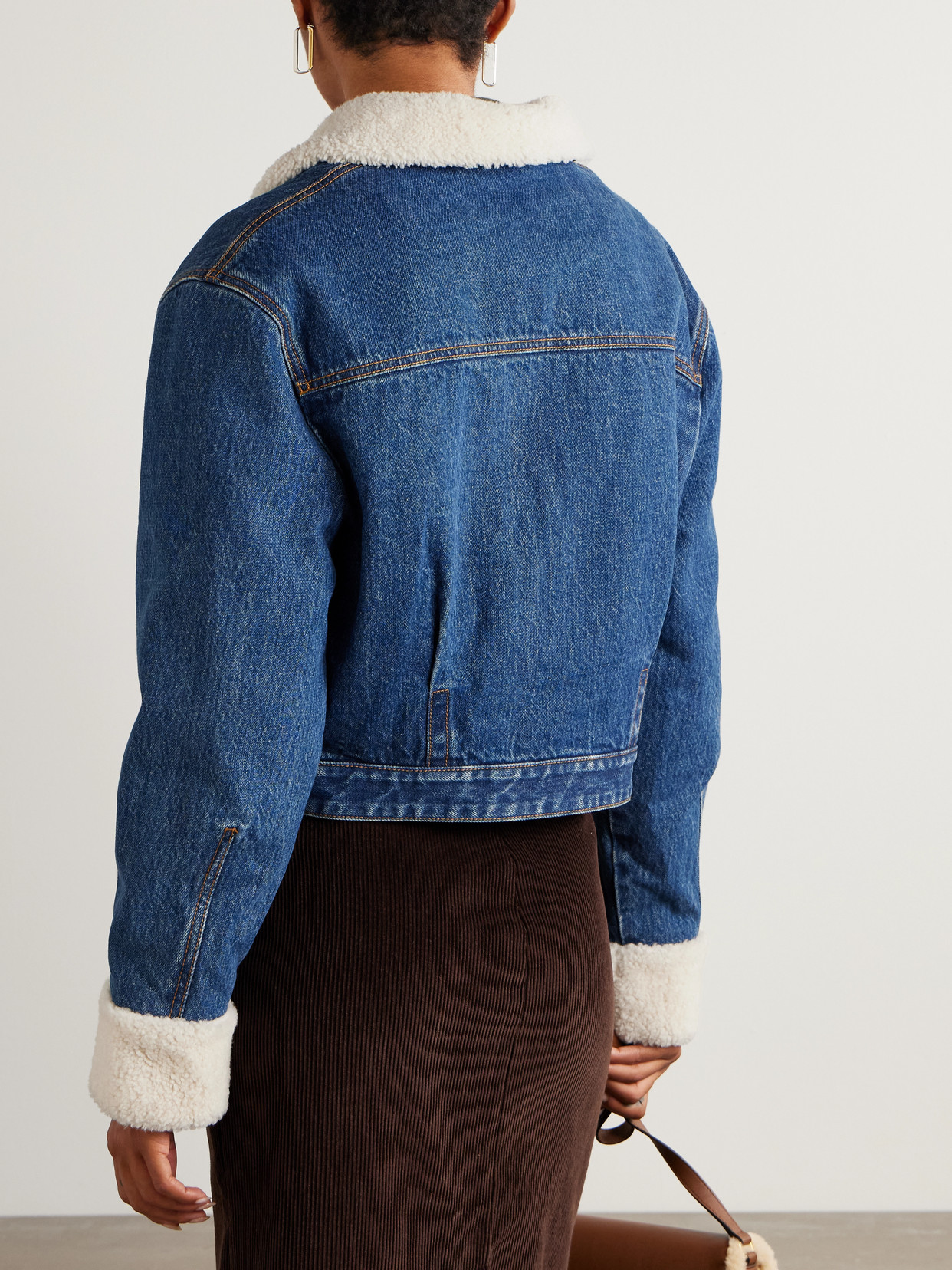Cropped Shearling-Trimmed Padded Denim Jacket