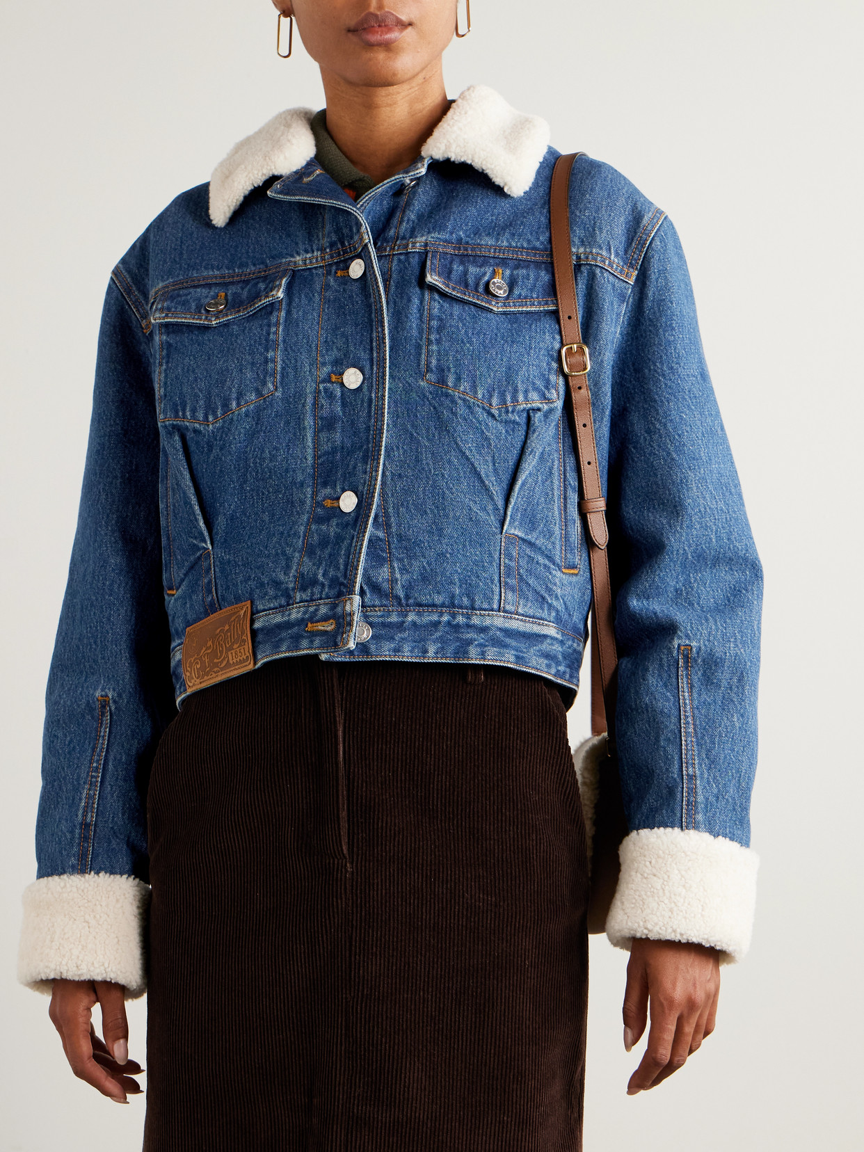 Cropped Shearling-Trimmed Padded Denim Jacket