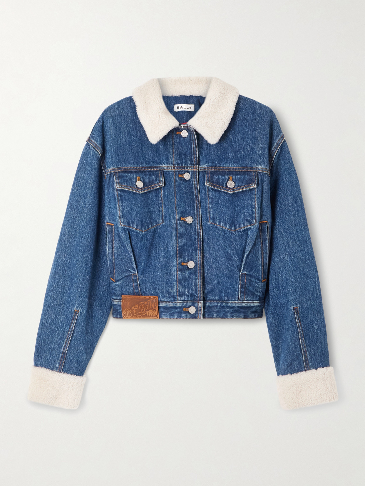 Bally Cropped Shearling-trimmed Padded Denim Jacket In Blue