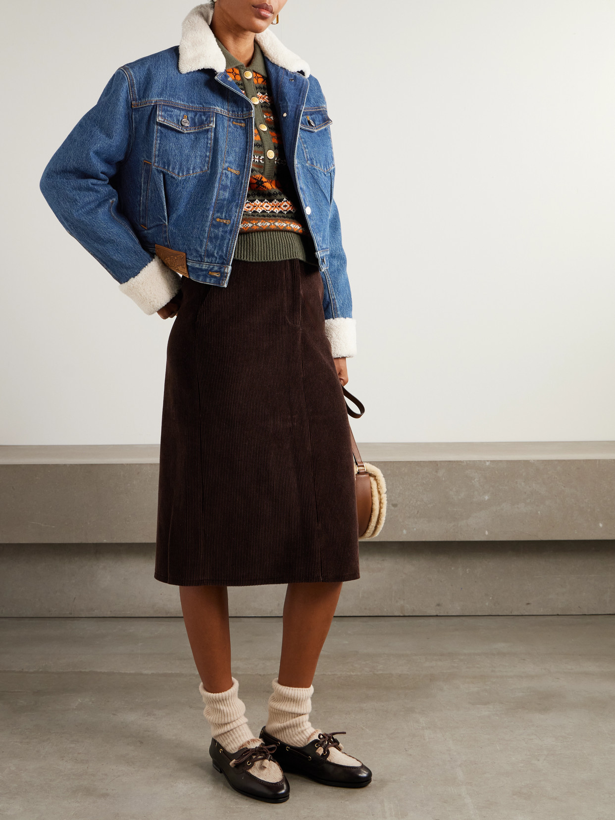 Cropped Shearling-Trimmed Padded Denim Jacket