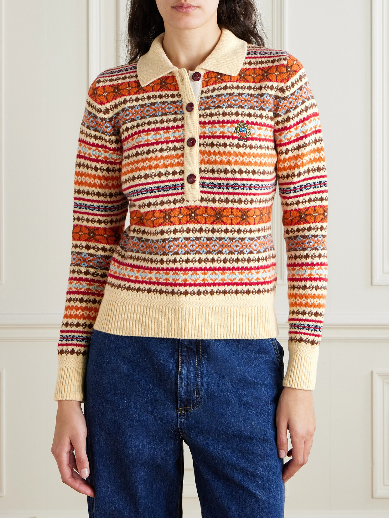 Jacquard-Knit Wool Polo Sweater