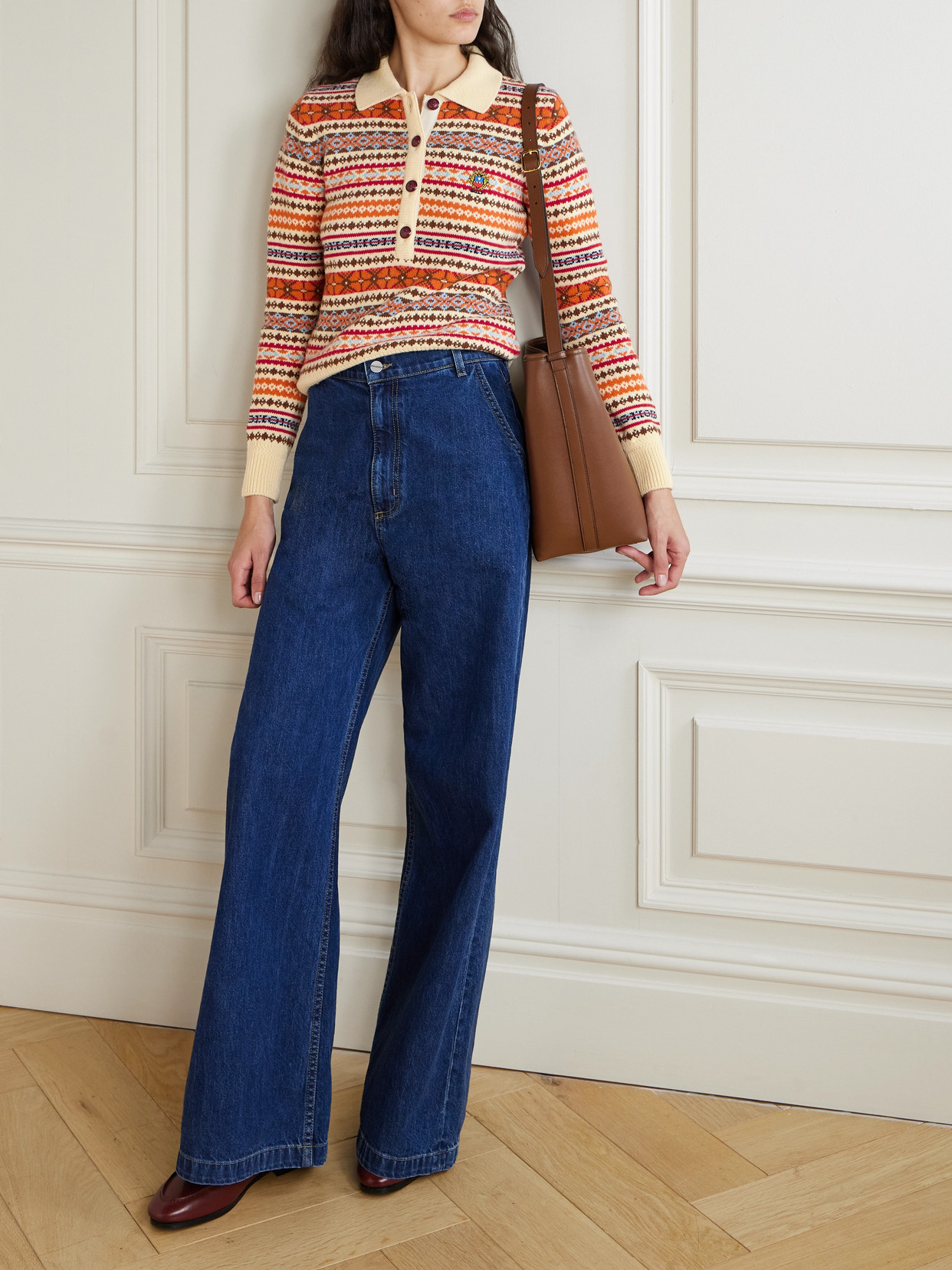 Jacquard-Knit Wool Polo Sweater