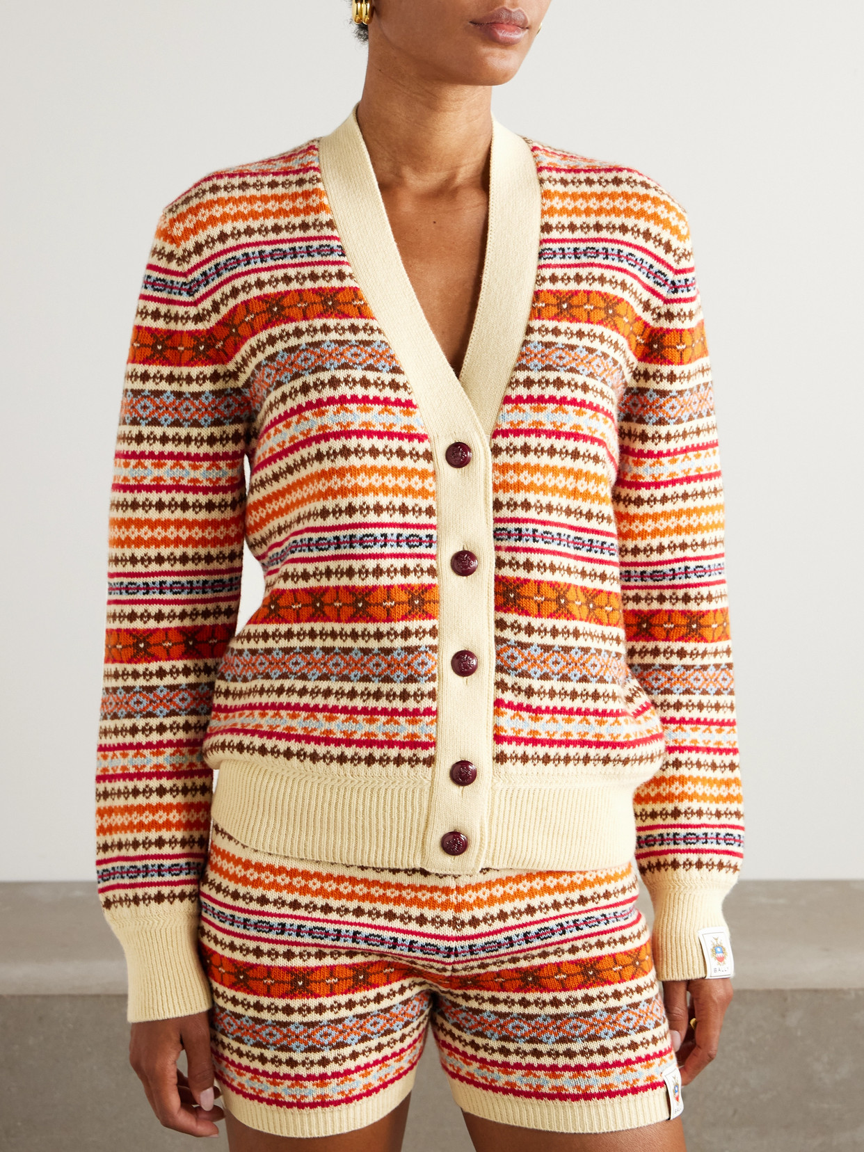 Bally Ribbed-knit Geometric-motif Cardigan In Neutral