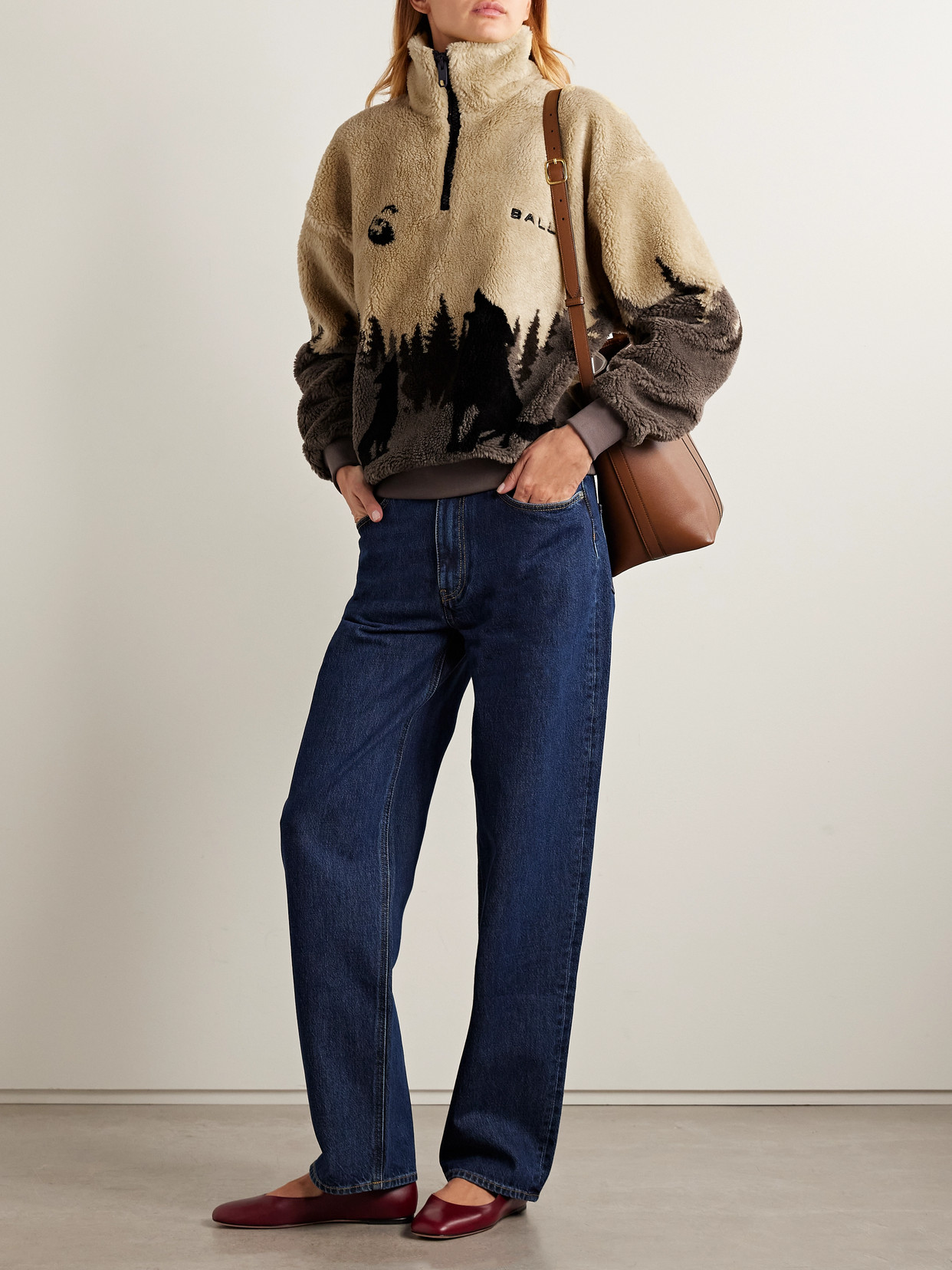 Bally Printed Fleece Half-zip Jacket In Brown