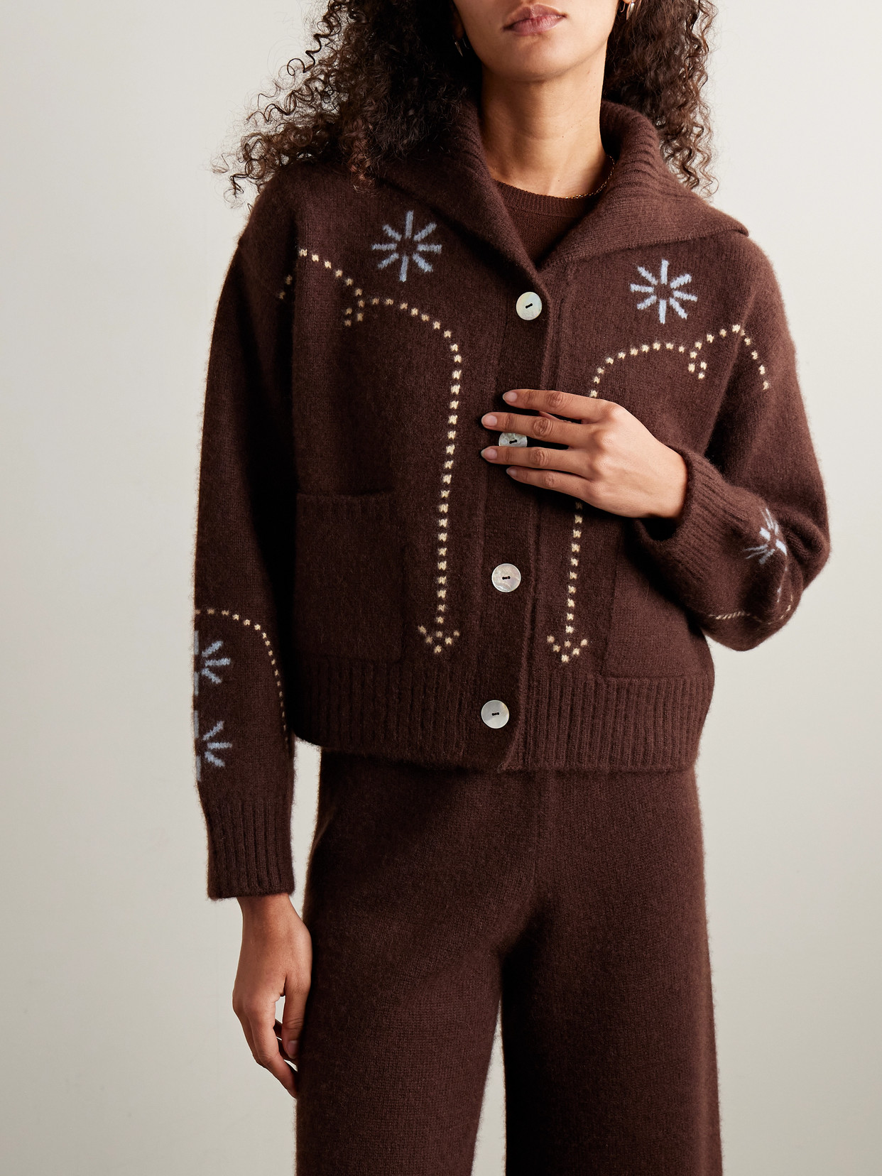 Calle Del Mar Intarsia-knit Cashmere Cardigan In Brown