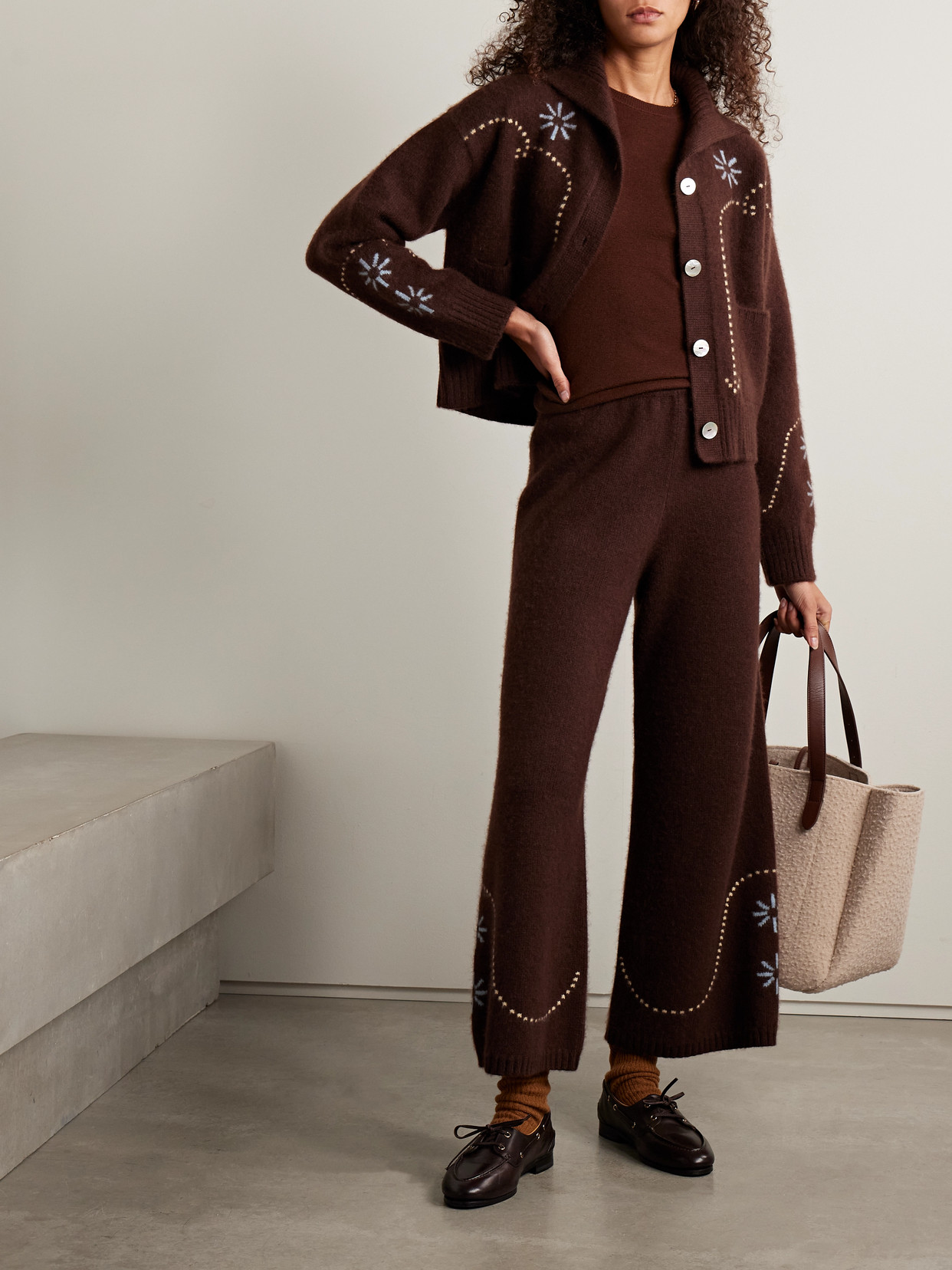 Calle Del Mar Intarsia-knit Cashmere Cardigan In Brown