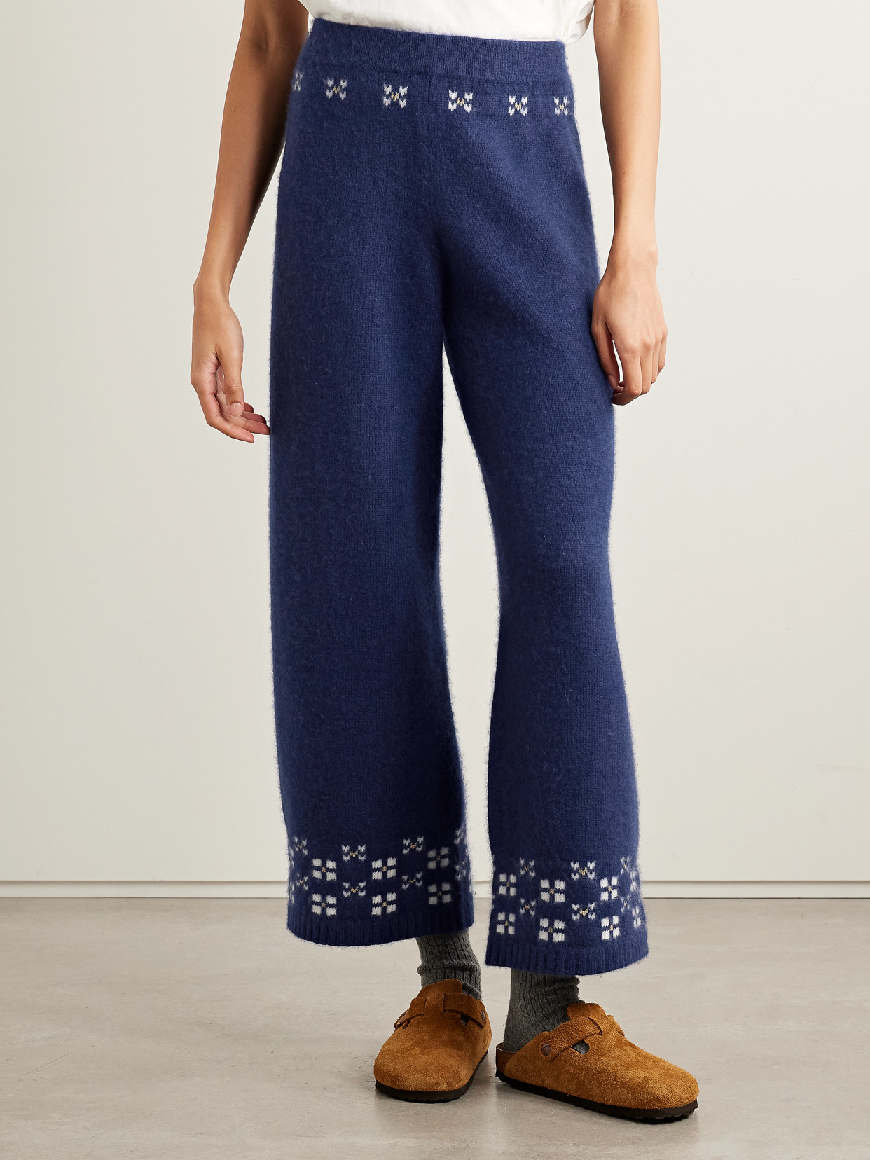 Calle Del Mar Winter Fair Isle Cashmere Wide-leg Pants In Blue