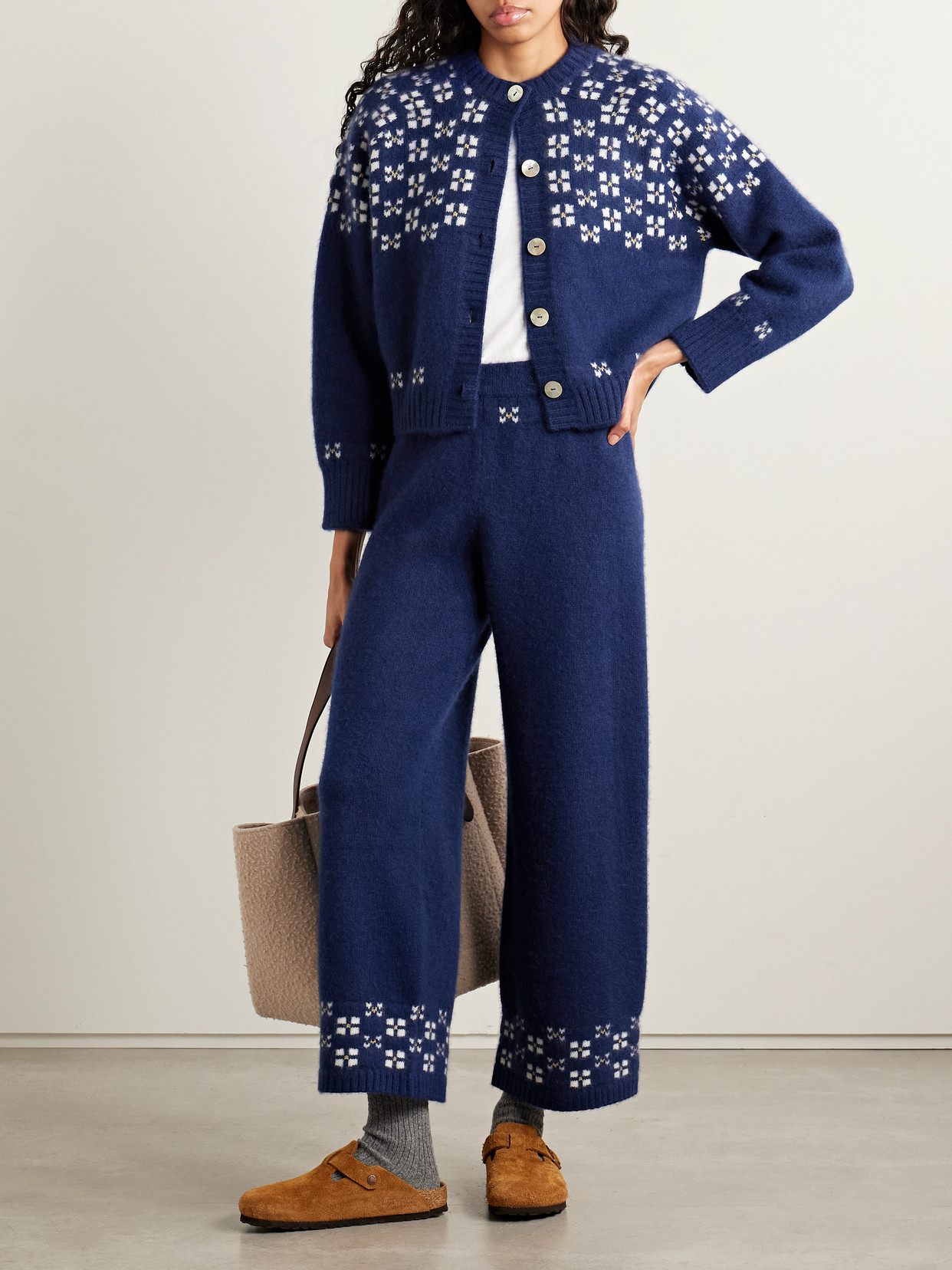 Calle Del Mar Winter Fair Isle Cashmere Wide-leg Pants In Blue