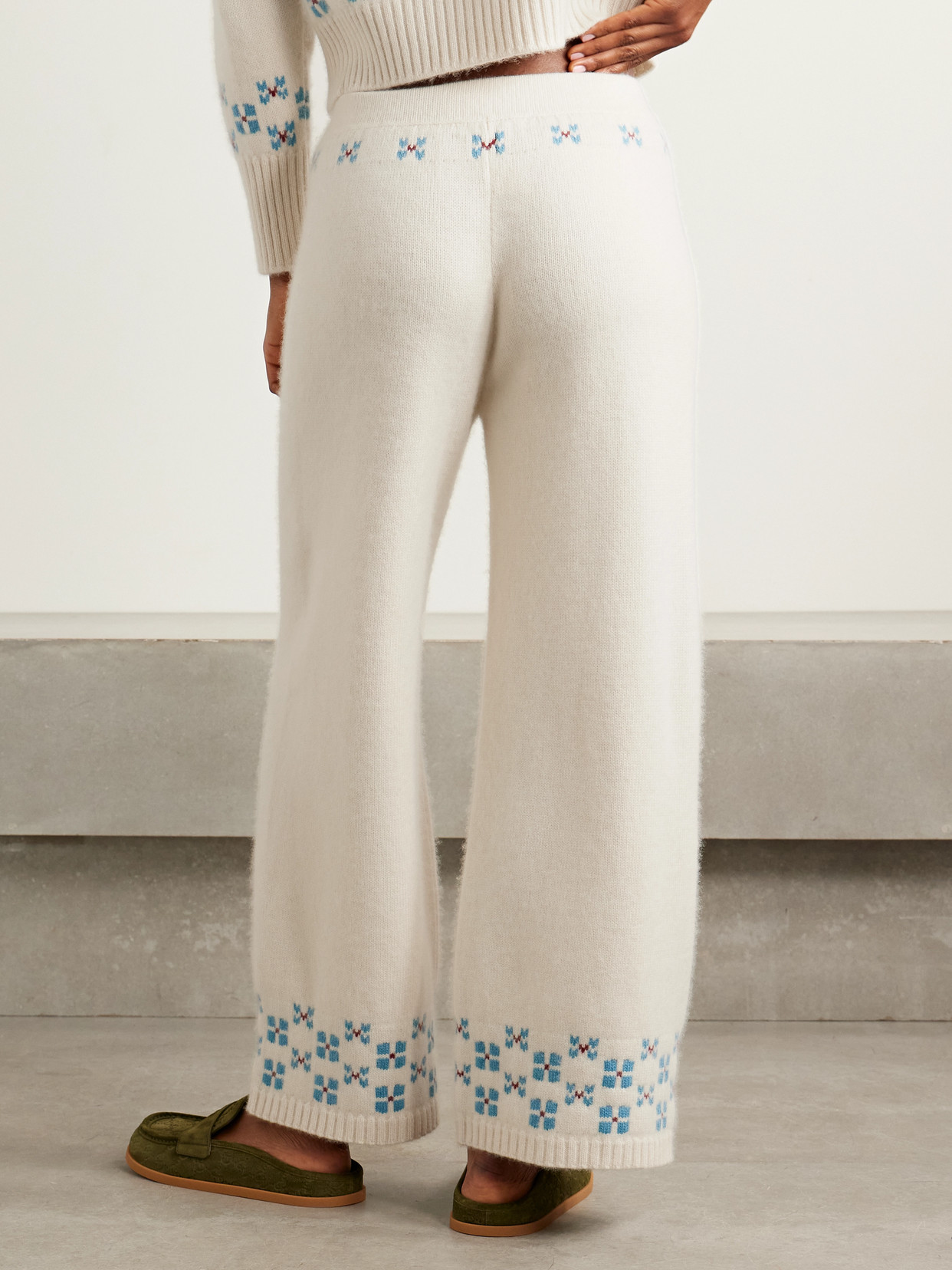 Calle Del Mar Winter Fair Isle Cashmere Wide-leg Pants In White