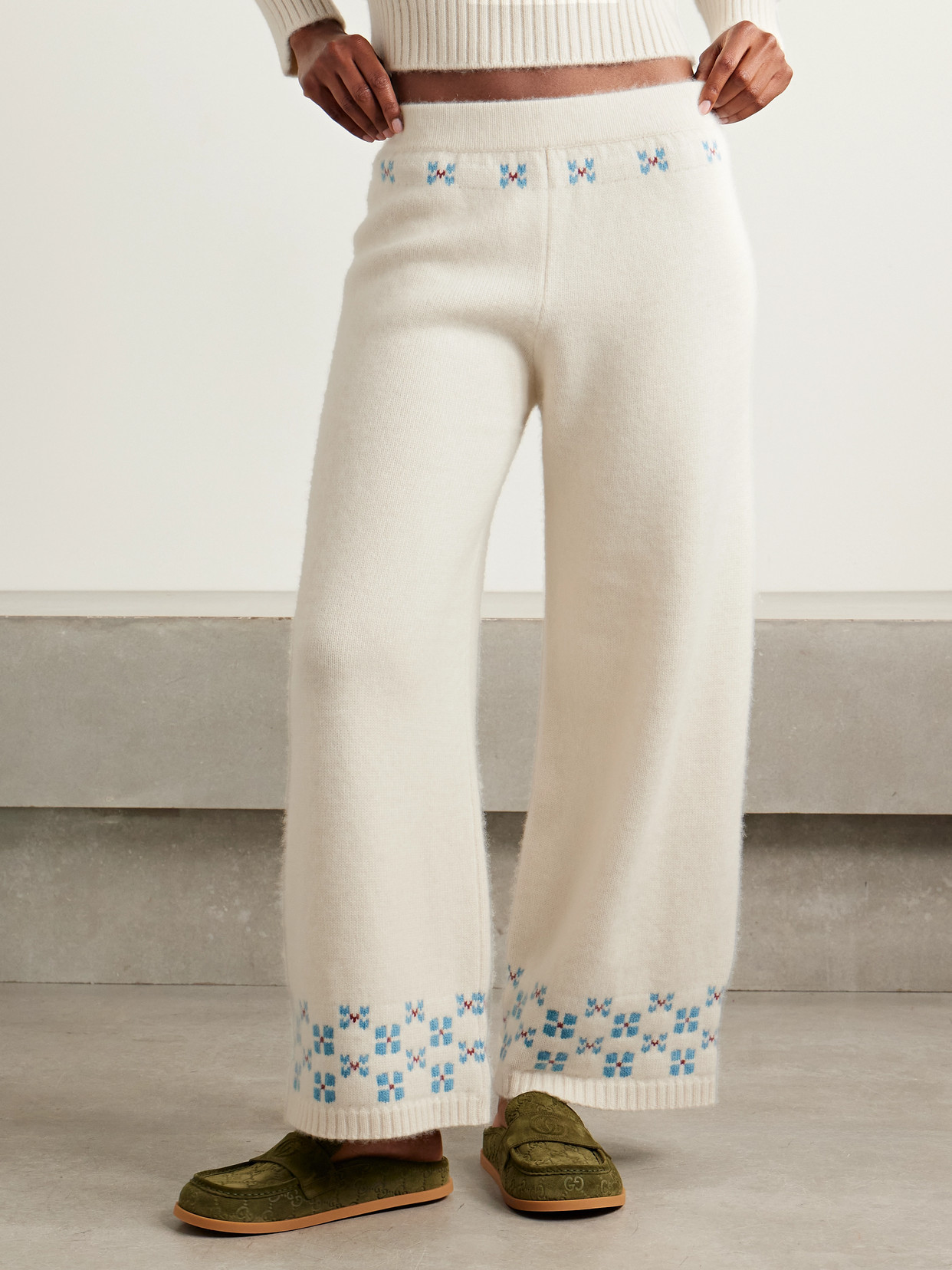 Calle Del Mar Winter Fair Isle Cashmere Wide-leg Pants In White
