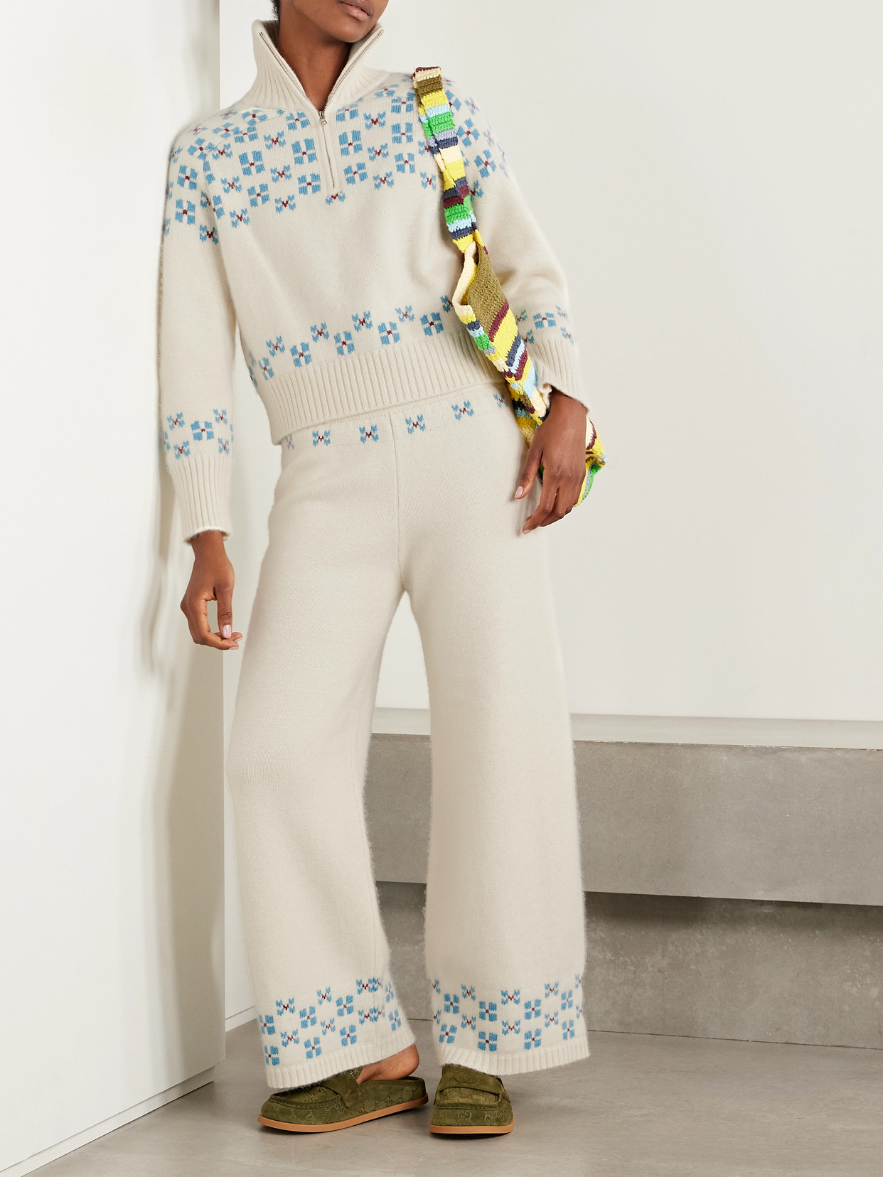 Calle Del Mar Winter Fair Isle Cashmere Wide-leg Pants In White