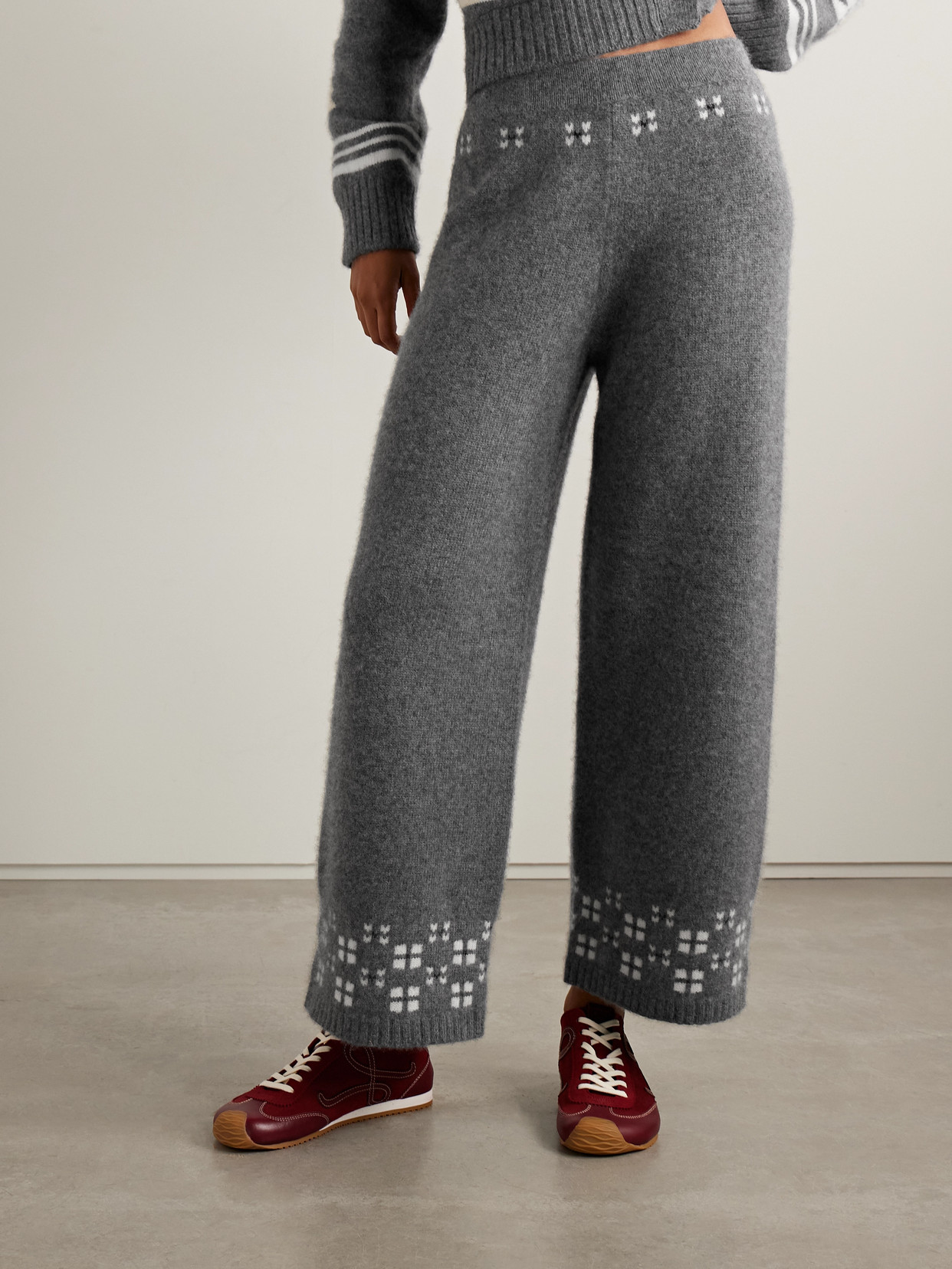 Calle Del Mar Winter Fair Isle Cashmere Wide-leg Pants In Gray
