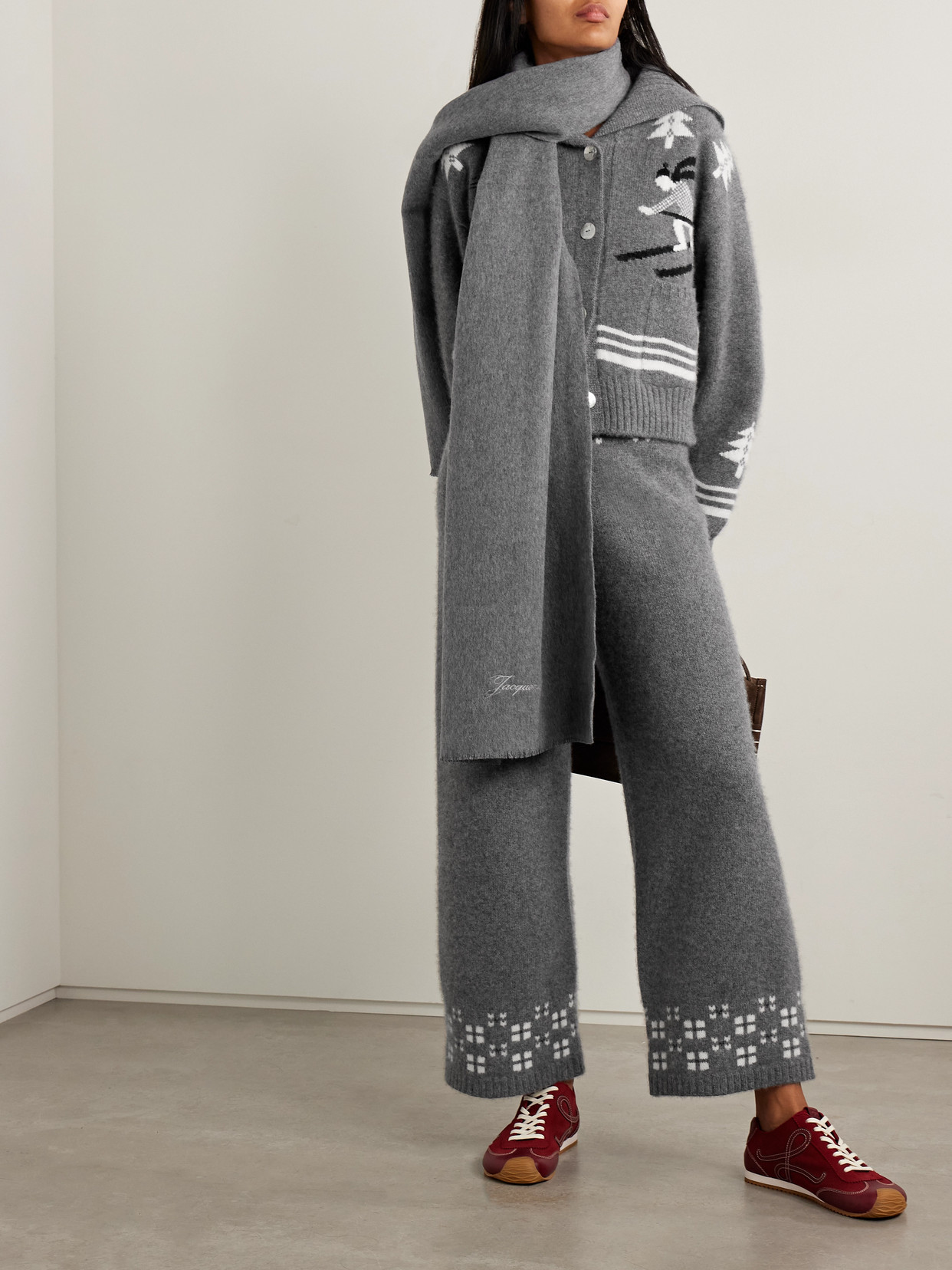 Calle Del Mar Winter Fair Isle Cashmere Wide-leg Pants In Gray