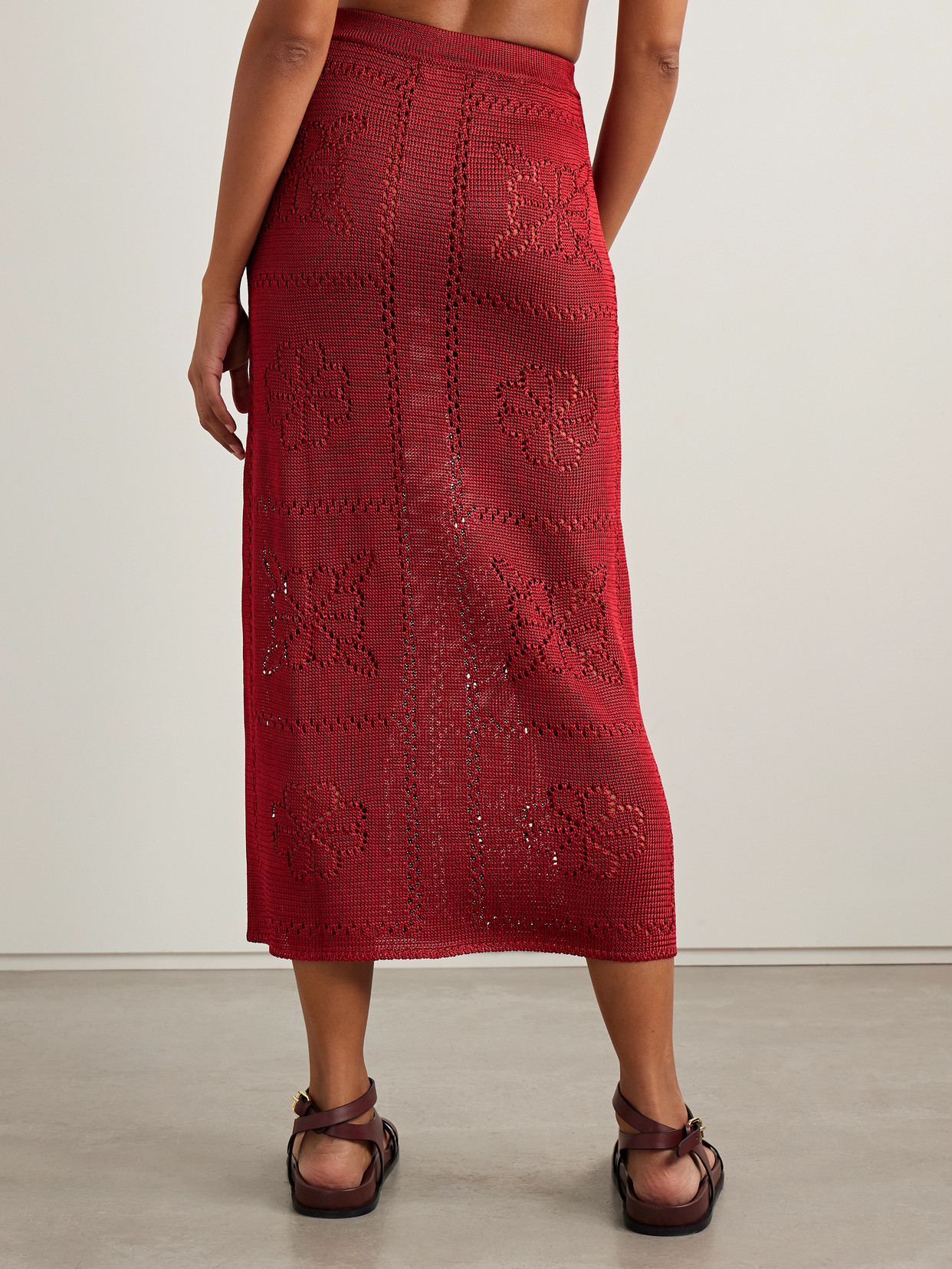 Calle Del Mar Pointelle-knit Midi Skirt In Burgundy