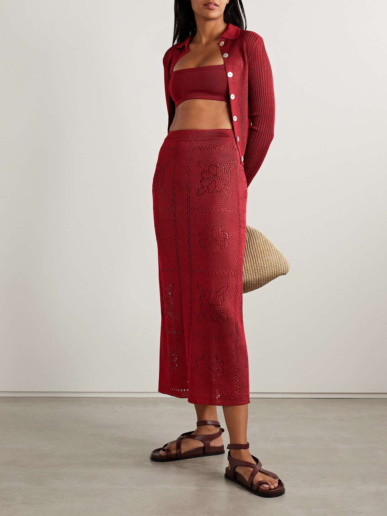 Calle Del Mar Pointelle-knit Midi Skirt In Burgundy