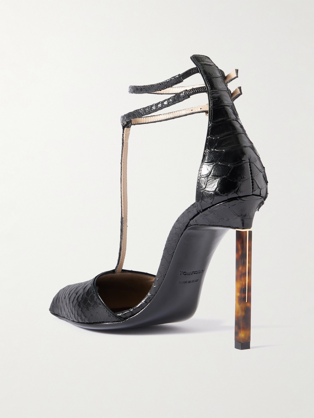 Tom Ford Printed Python T Strap Pumps In Black