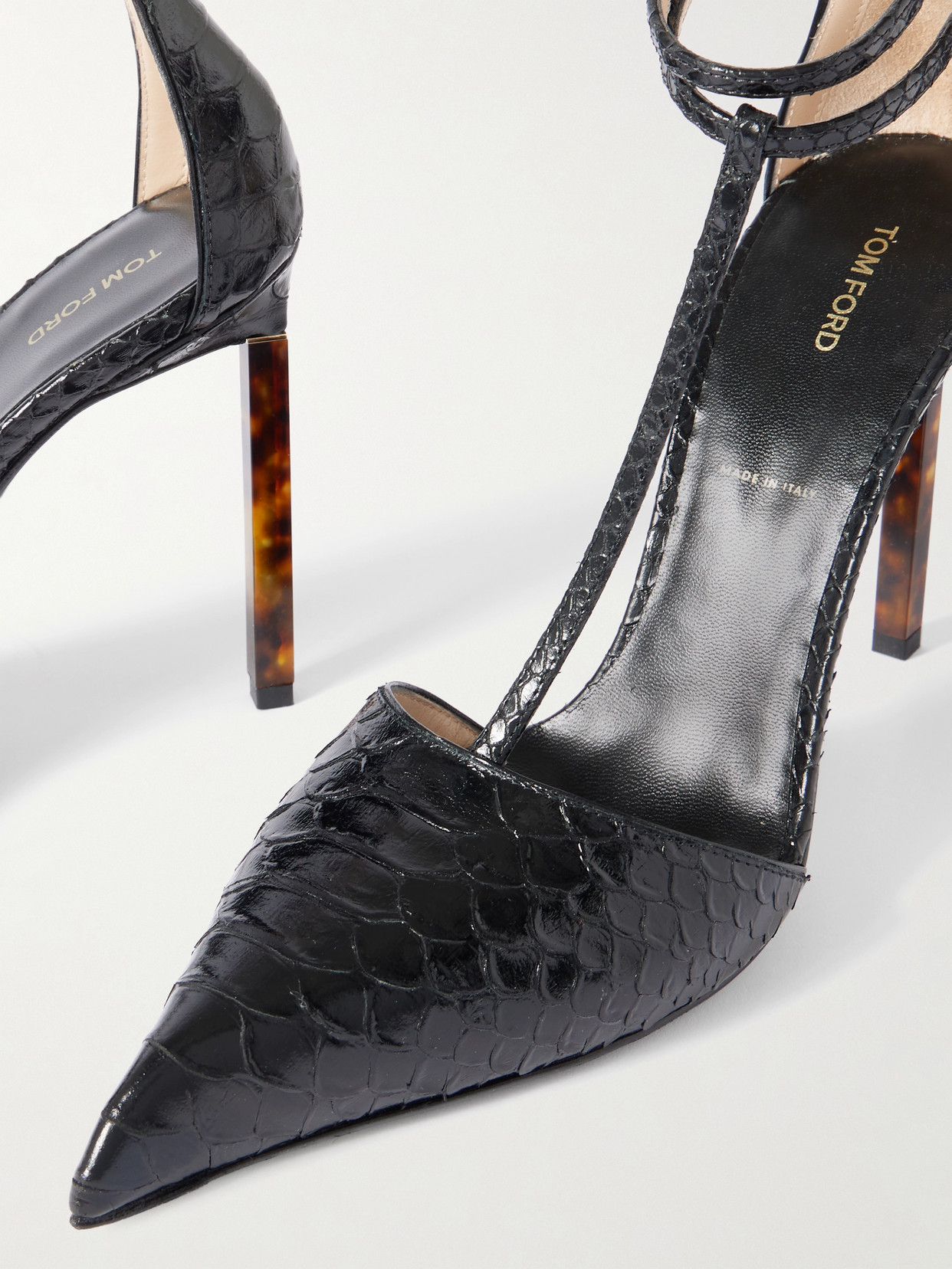 Tom Ford Printed Python T Strap Pumps In Black