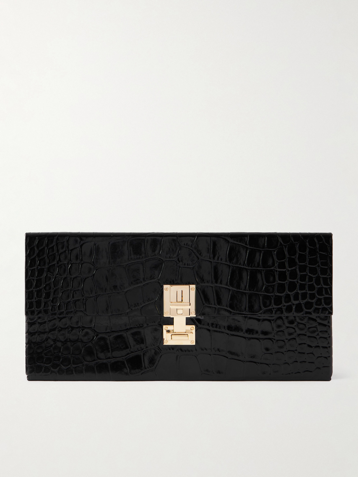 Tom Ford Glossed Croc-effect Leather Clutch In Black